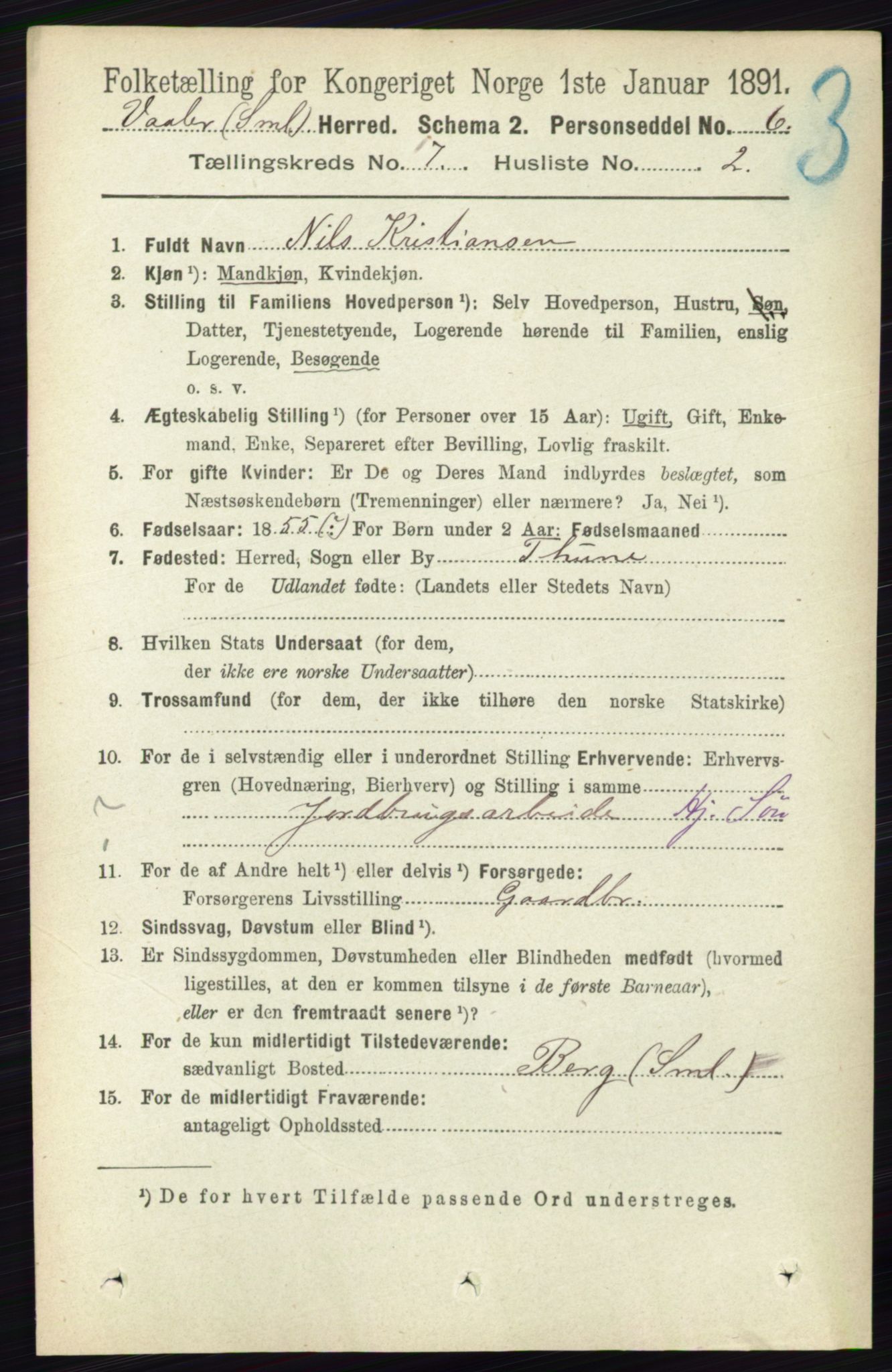 RA, 1891 census for 0137 Våler, 1891, p. 2854