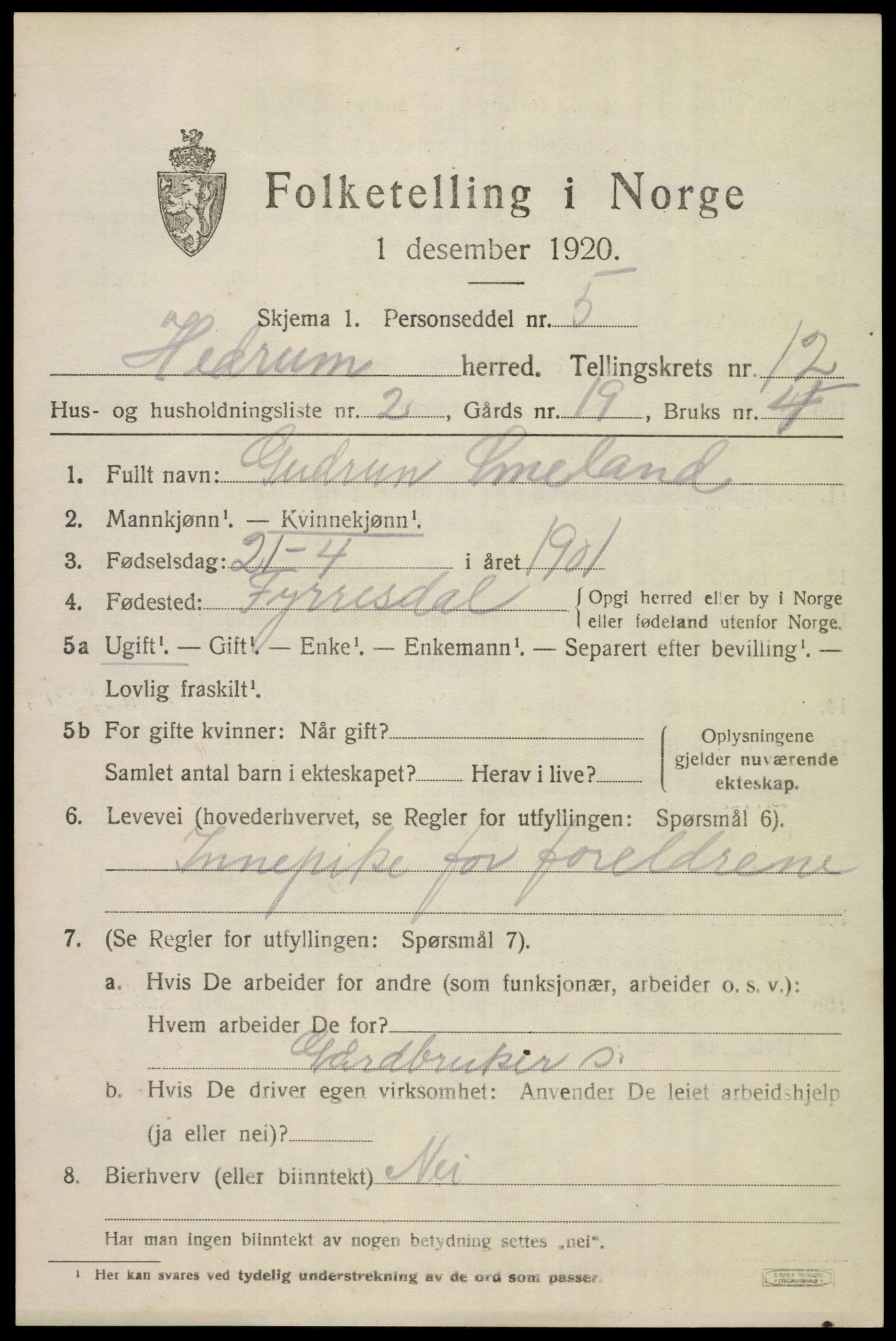 SAKO, 1920 census for Hedrum, 1920, p. 8041