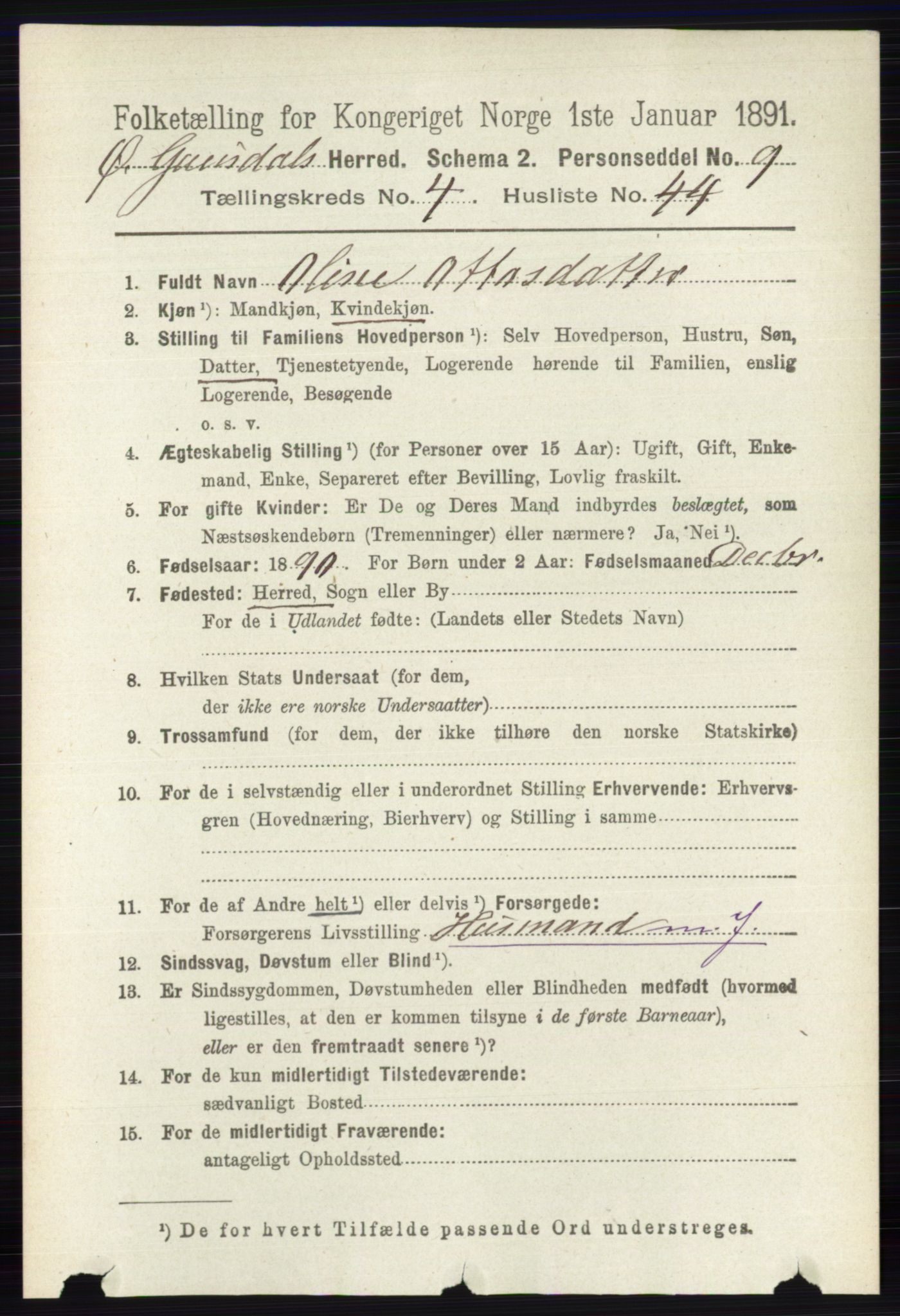 RA, 1891 census for 0522 Østre Gausdal, 1891, p. 2800
