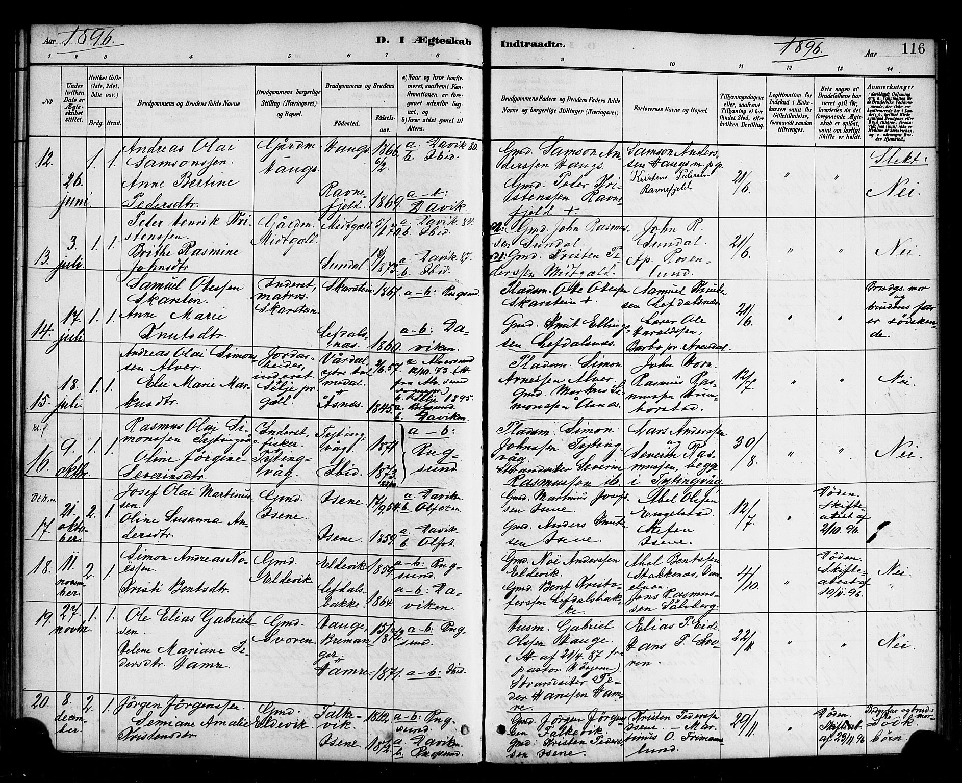 Davik sokneprestembete, AV/SAB-A-79701/H/Haa/Haab/L0001: Parish register (official) no. B 1, 1882-1900, p. 116