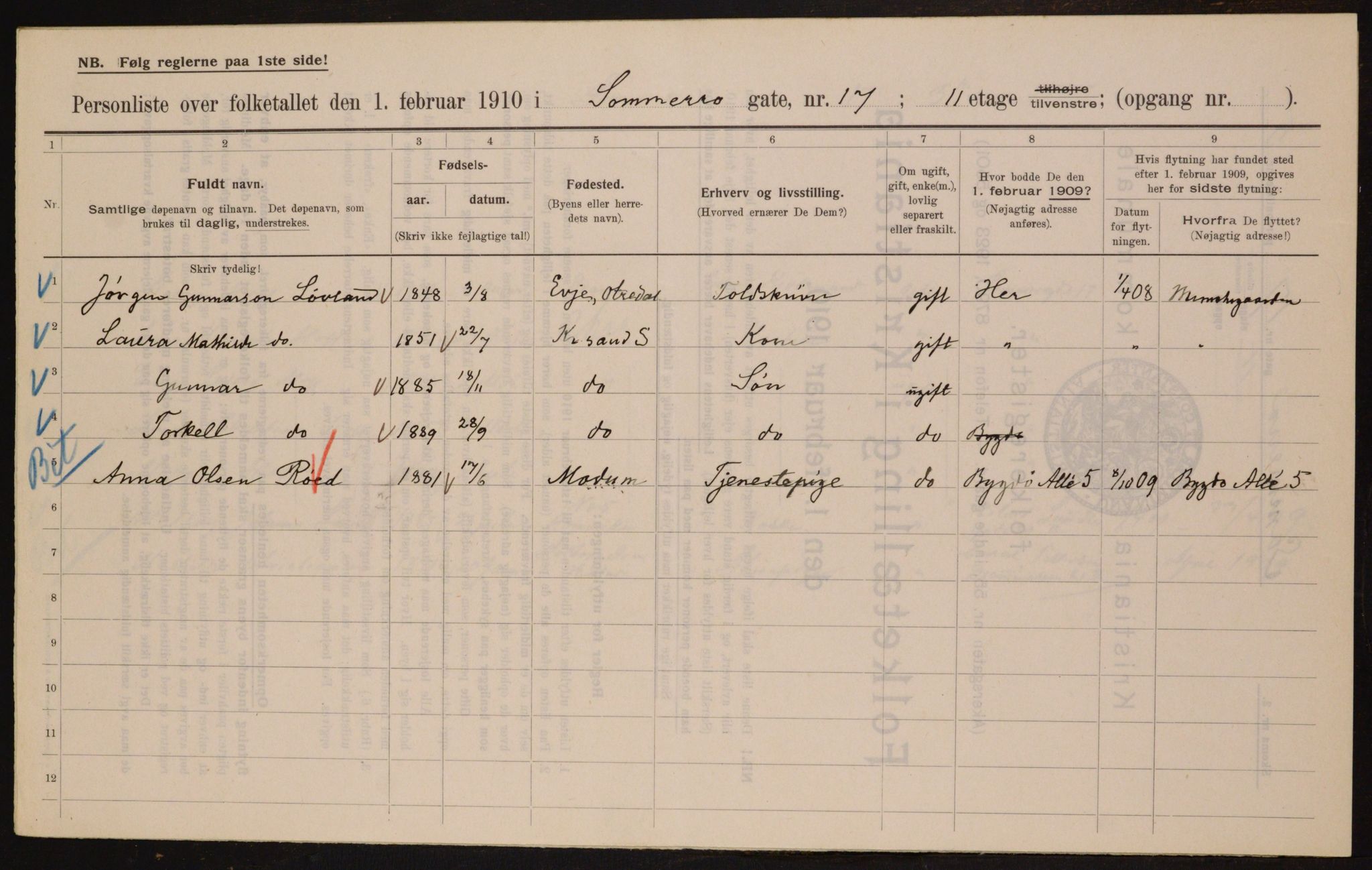 OBA, Municipal Census 1910 for Kristiania, 1910, p. 95054