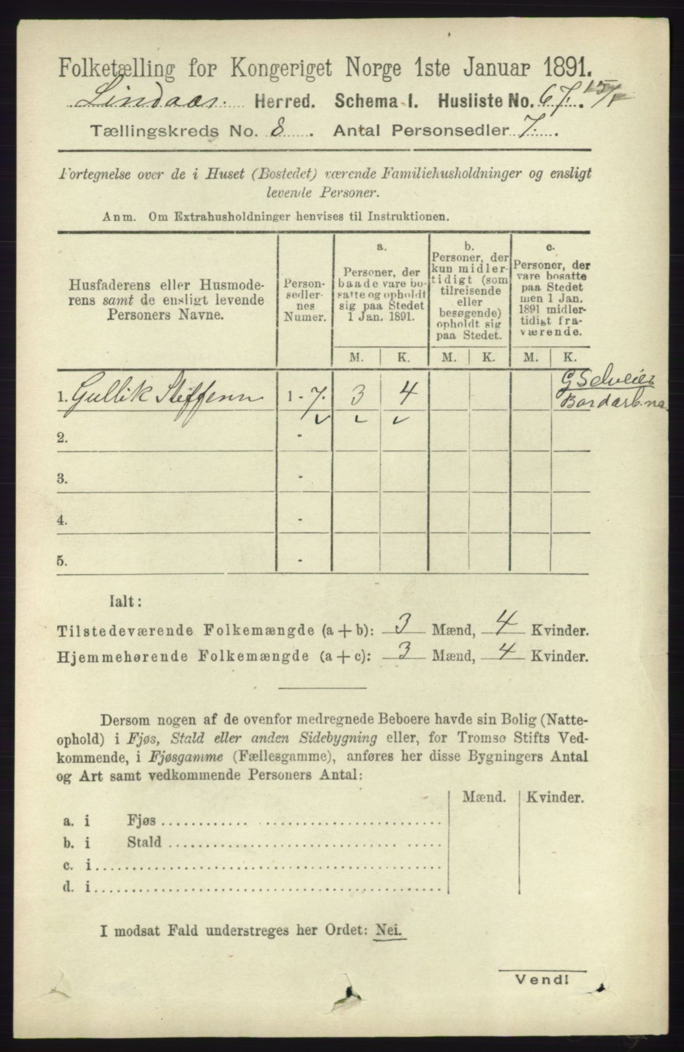 RA, 1891 census for 1263 Lindås, 1891, p. 2420