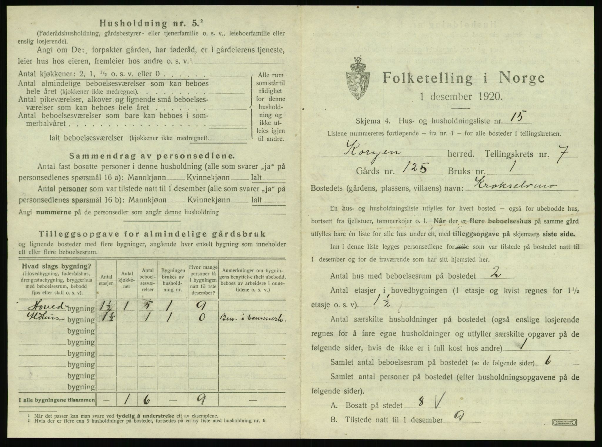 SAT, 1920 census for Korgen, 1920, p. 452