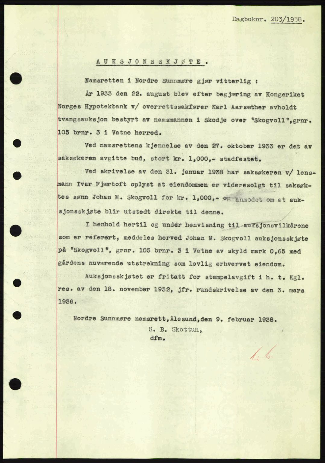 Nordre Sunnmøre sorenskriveri, AV/SAT-A-0006/1/2/2C/2Ca: Mortgage book no. A4, 1937-1938, Diary no: : 203/1938