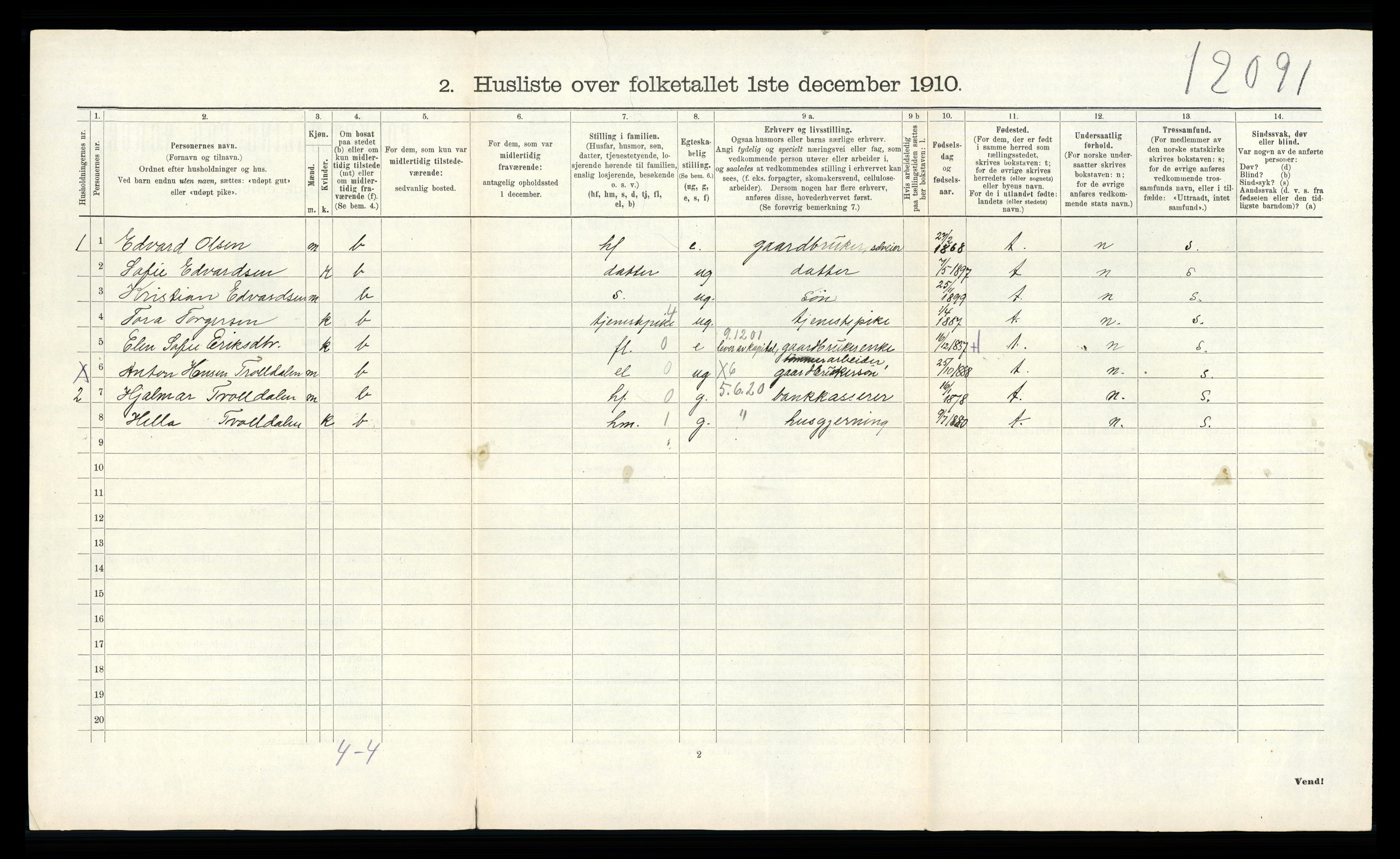 RA, 1910 census for Andebu, 1910, p. 182