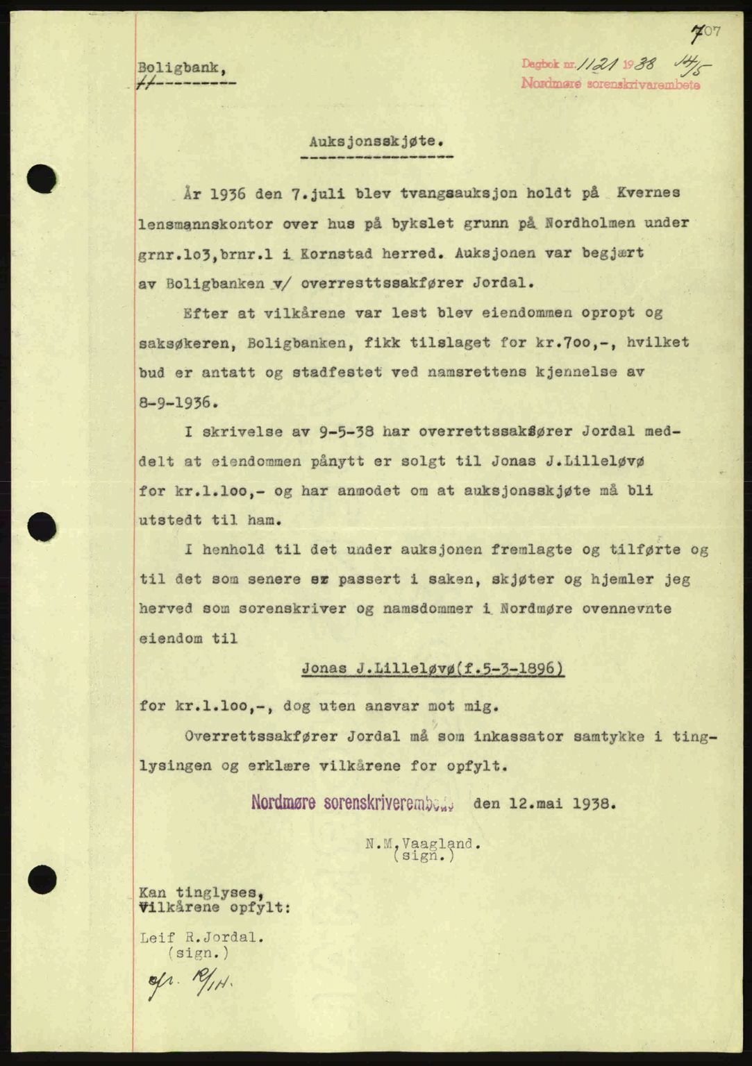 Nordmøre sorenskriveri, AV/SAT-A-4132/1/2/2Ca: Mortgage book no. A83, 1938-1938, Diary no: : 1121/1938