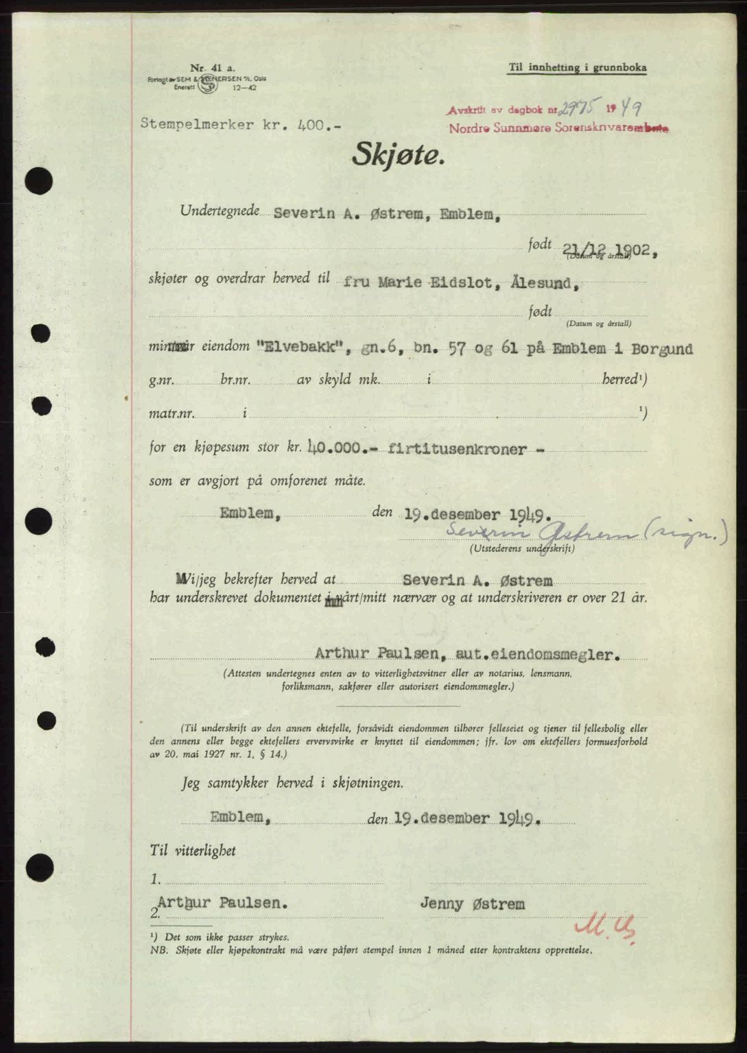 Nordre Sunnmøre sorenskriveri, AV/SAT-A-0006/1/2/2C/2Ca: Mortgage book no. A33, 1949-1950, Diary no: : 2975/1949