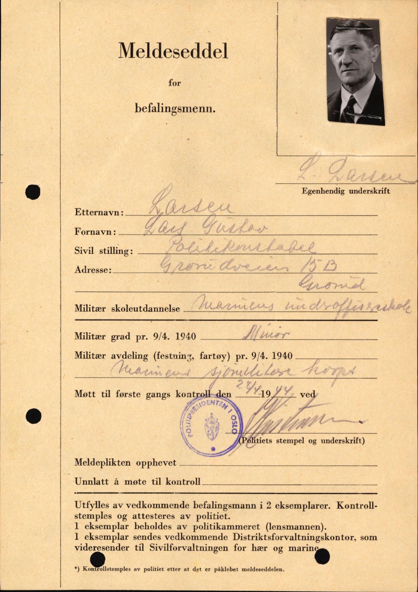 Forsvaret, Forsvarets krigshistoriske avdeling, AV/RA-RAFA-2017/Y/Yf/L0209: II-C-11-2121  -  Okkupasjonstiden.  Meldesedler for befal med foto og oppl. om militær grad 9. apr. 1940., 1944-1945, p. 35