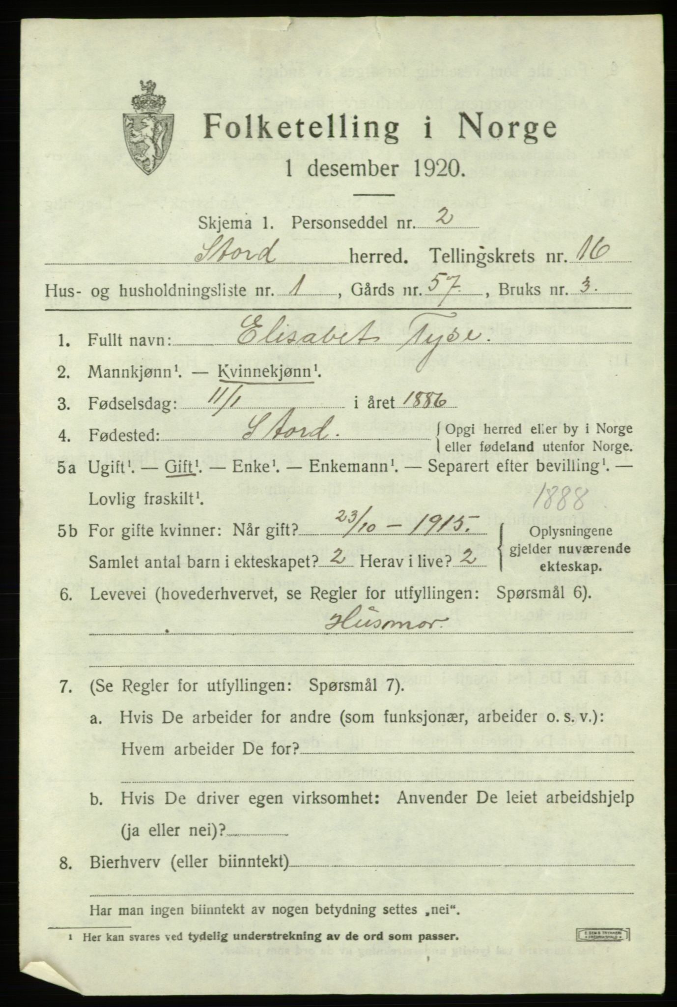 SAB, 1920 census for Stord, 1920, p. 8685