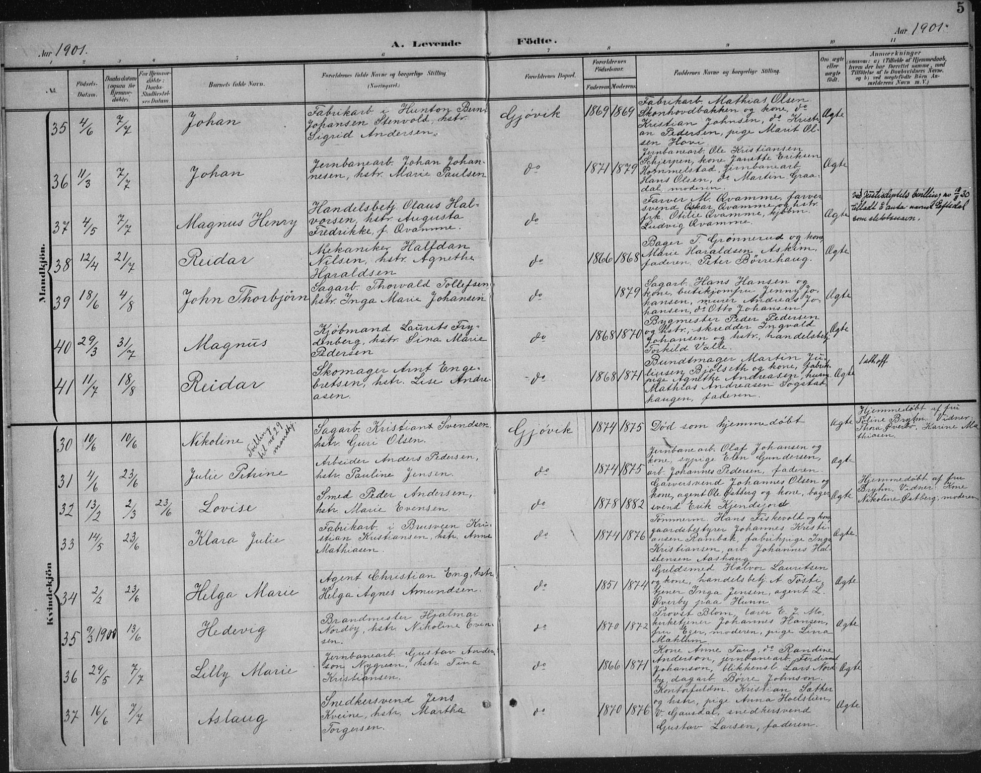Vardal prestekontor, AV/SAH-PREST-100/H/Ha/Haa/L0013: Parish register (official) no. 13, 1901-1911, p. 5