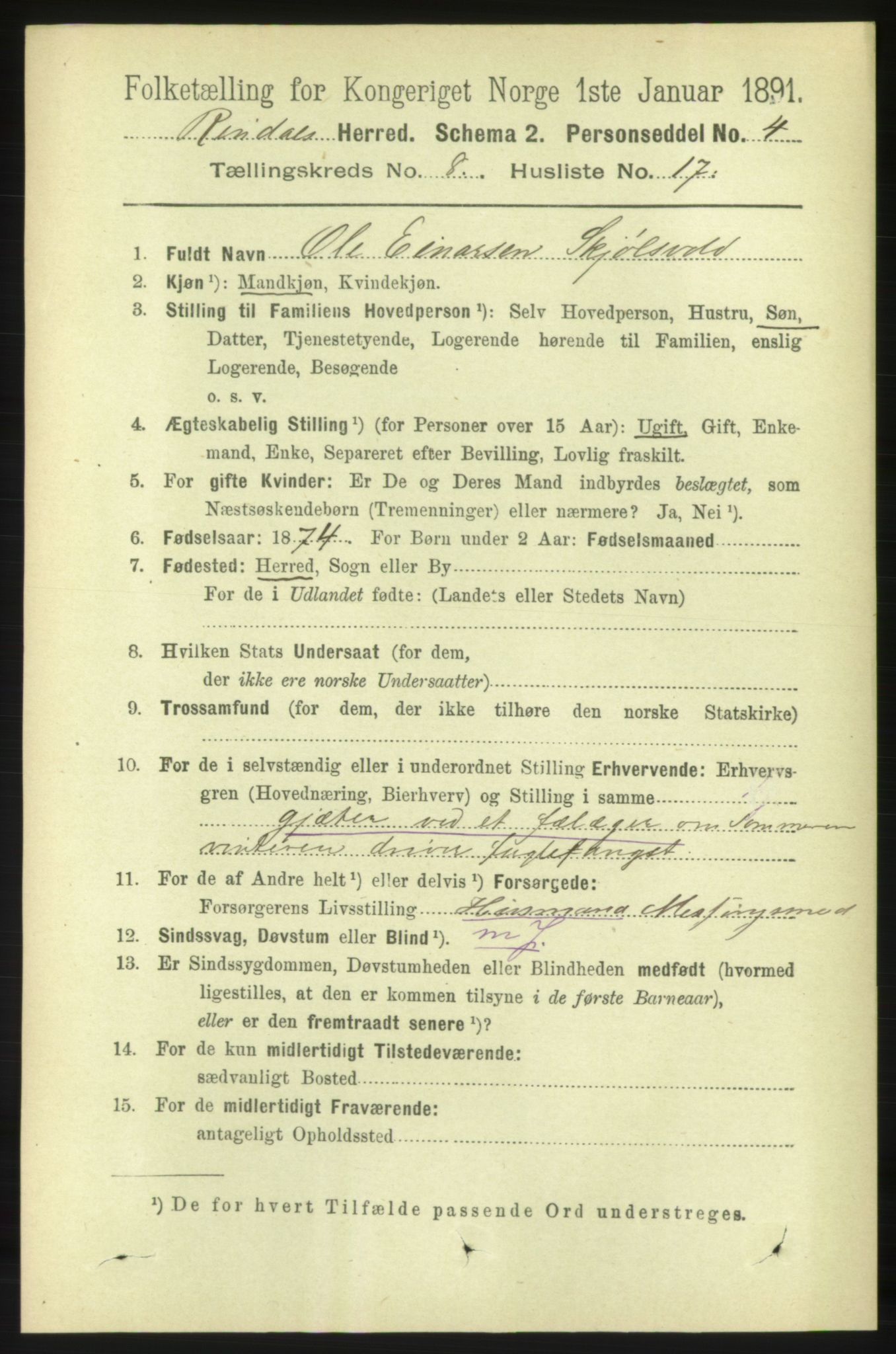 RA, 1891 census for 1567 Rindal, 1891, p. 2596