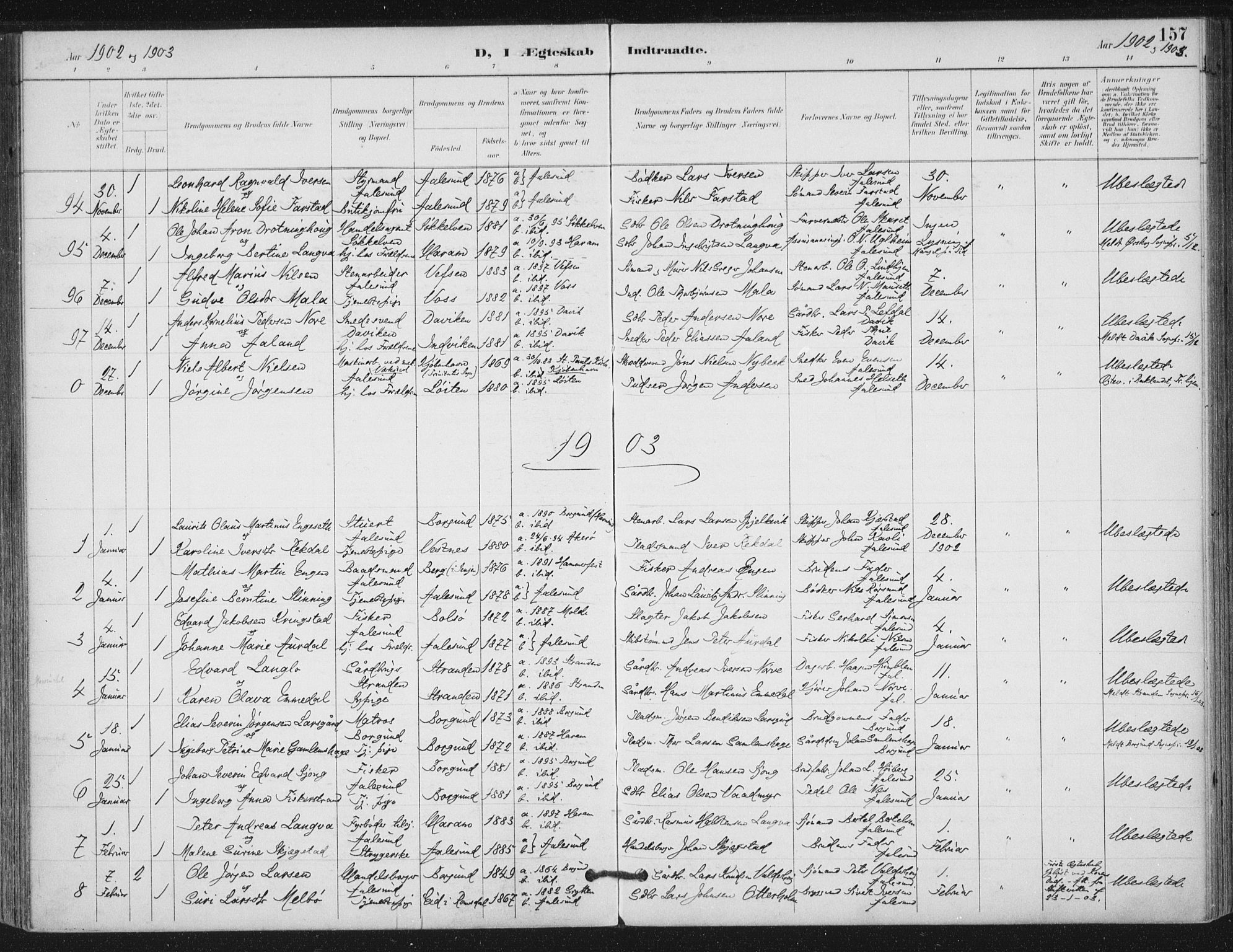 Ministerialprotokoller, klokkerbøker og fødselsregistre - Møre og Romsdal, SAT/A-1454/529/L0457: Parish register (official) no. 529A07, 1894-1903, p. 157