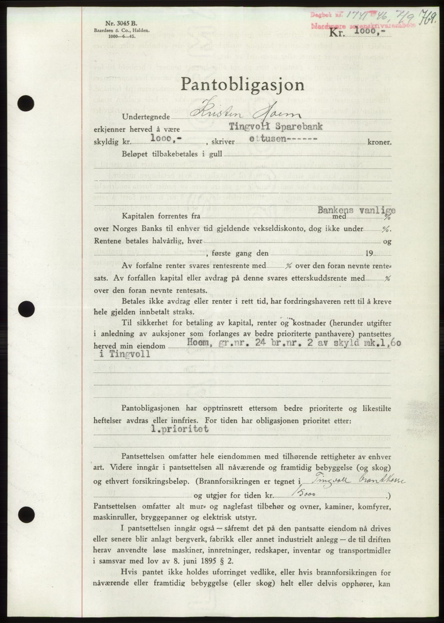 Nordmøre sorenskriveri, AV/SAT-A-4132/1/2/2Ca: Mortgage book no. B94, 1946-1946, Diary no: : 1741/1946