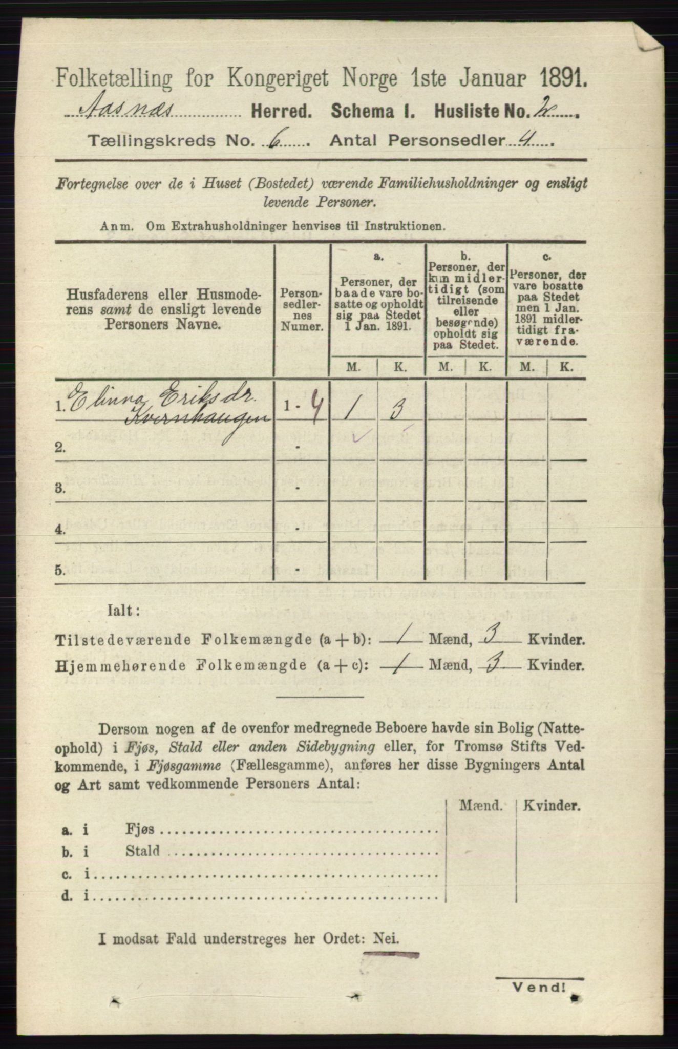 RA, 1891 census for 0425 Åsnes, 1891, p. 2712