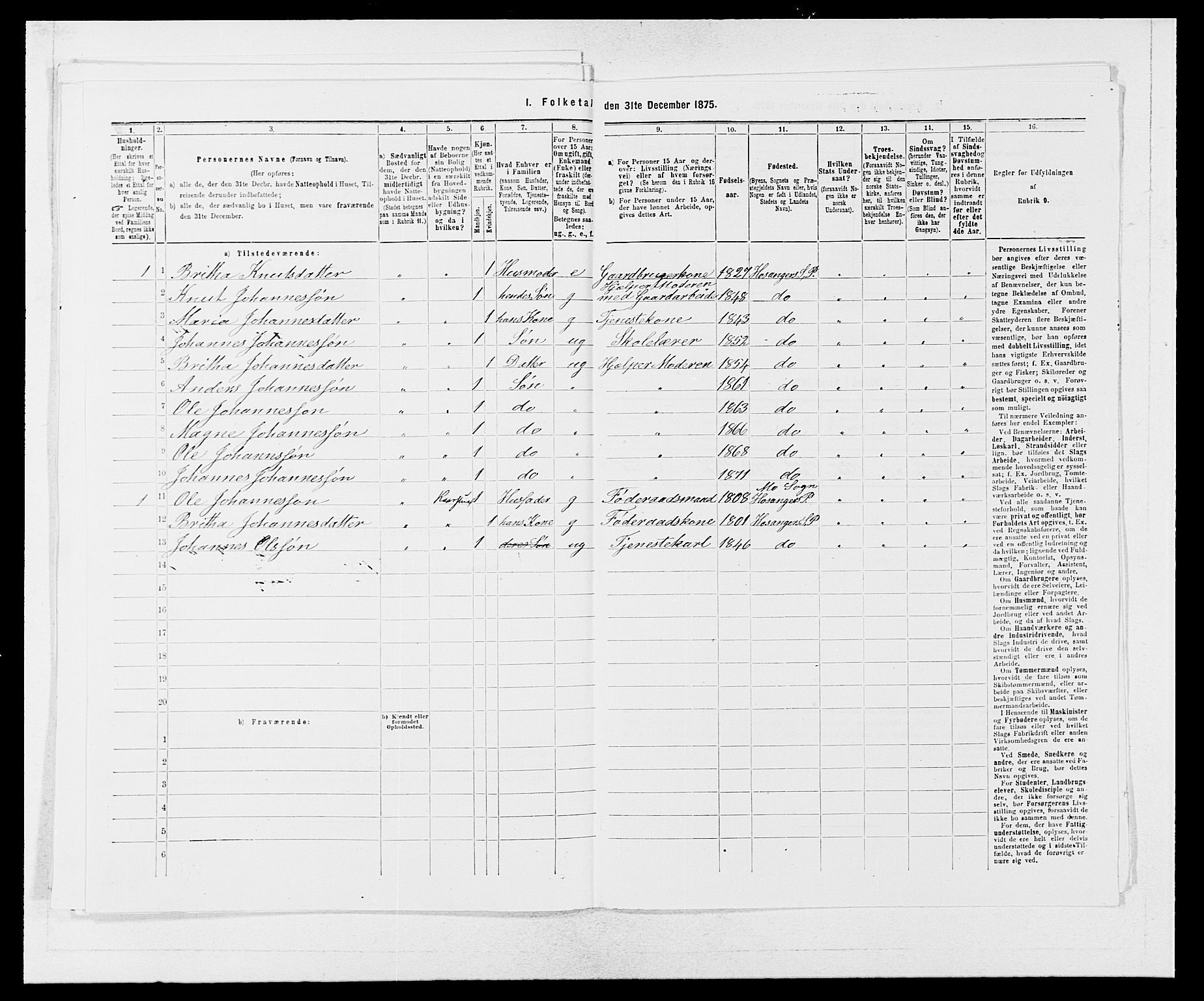 SAB, 1875 census for 1253P Hosanger, 1875, p. 700