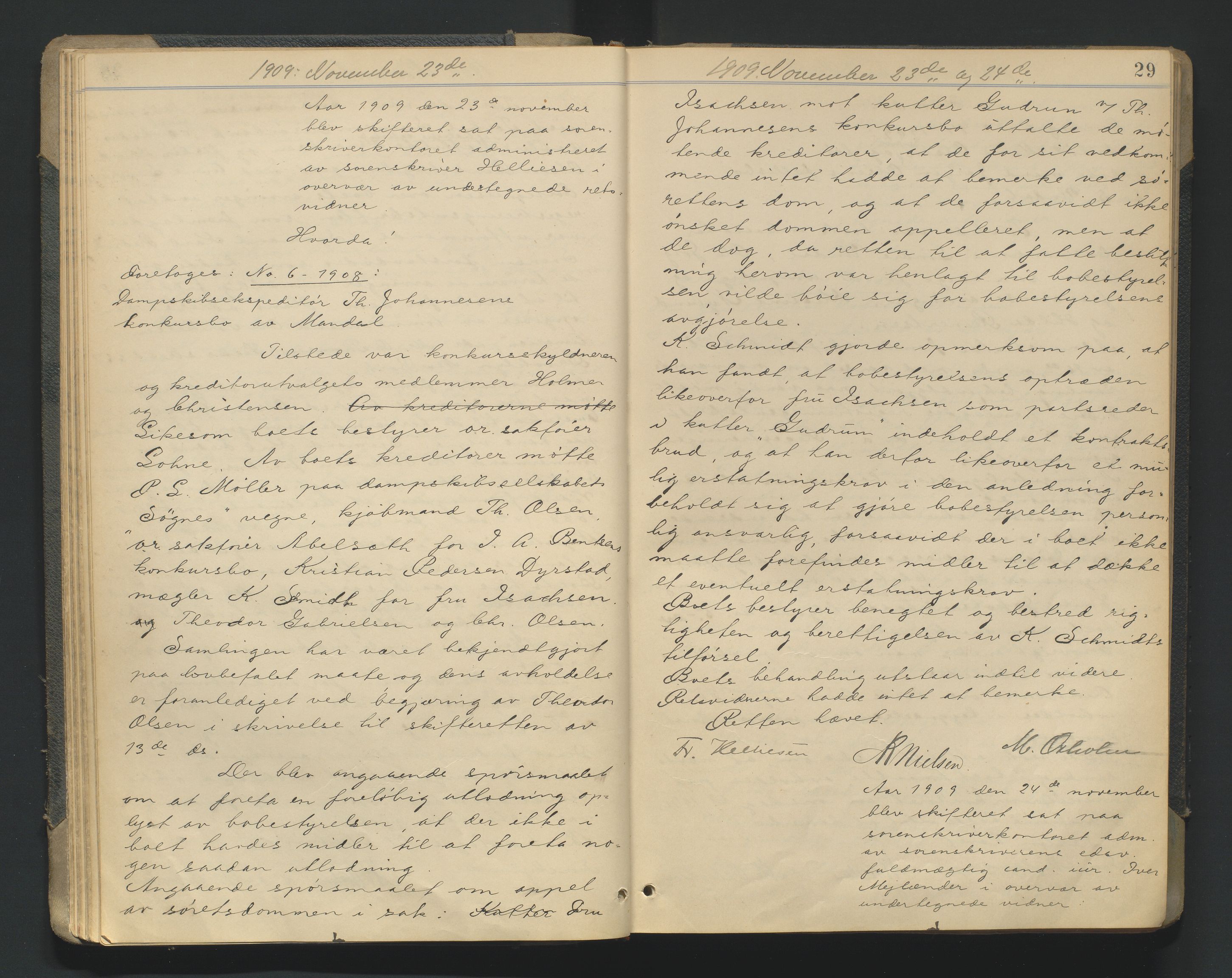 Mandal sorenskriveri, AV/SAK-1221-0005/001/H/Hc/L0081: Skifteforhandlingsprotokoll nr 13, 1909-1913, p. 29