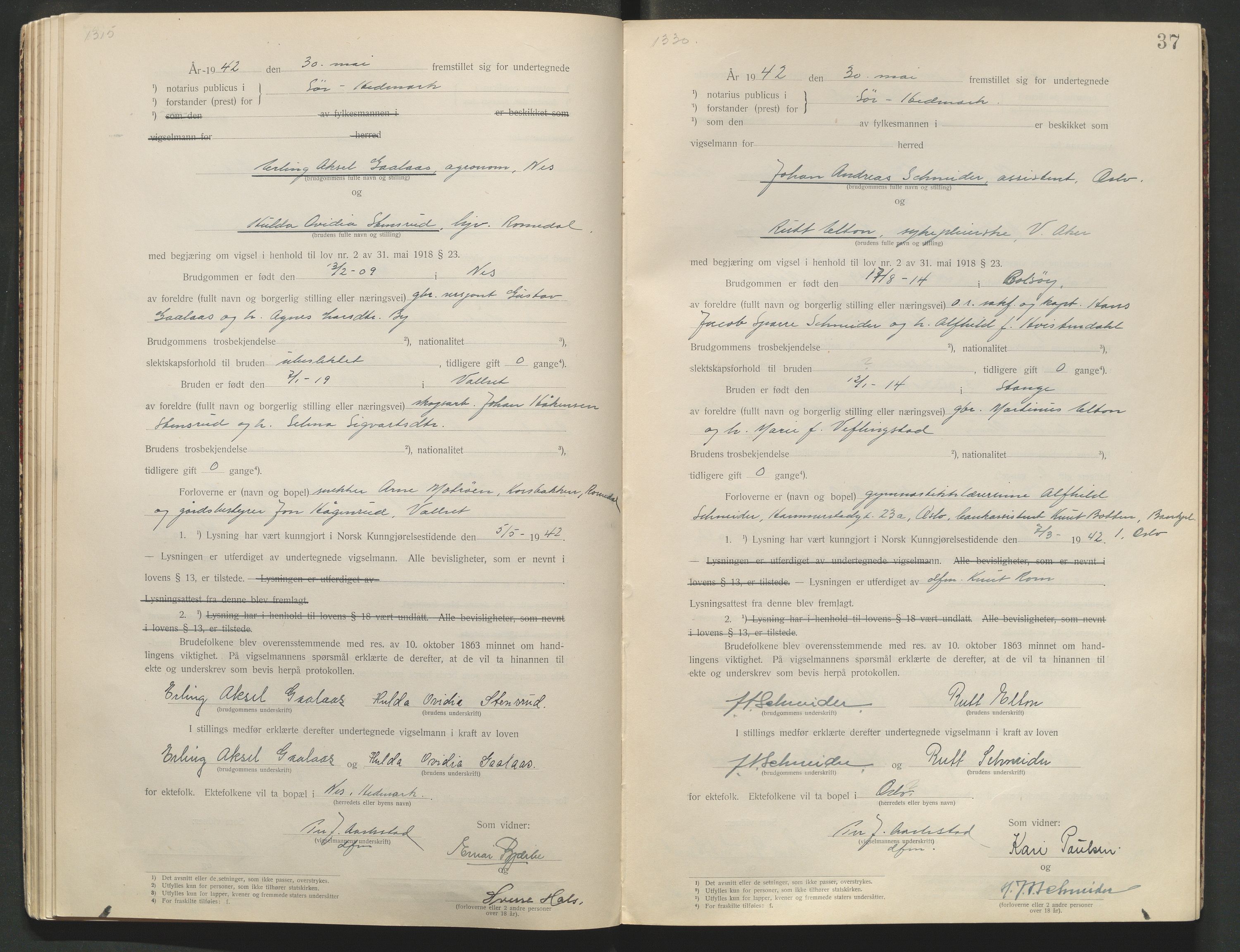 Sør-Hedmark sorenskriveri, AV/SAH-TING-014/L/Le/L0001/0002: Vigselbøker / Vigselbok, 1938-1942, p. 37