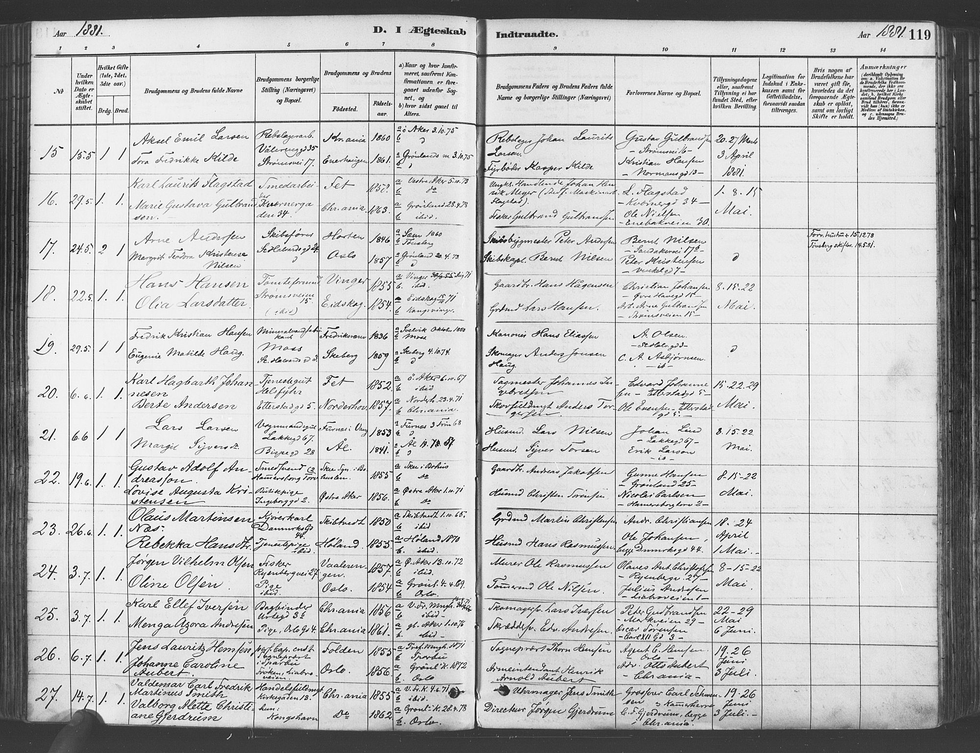 Gamlebyen prestekontor Kirkebøker, SAO/A-10884/F/Fa/L0006: Parish register (official) no. 6, 1881-1890, p. 119