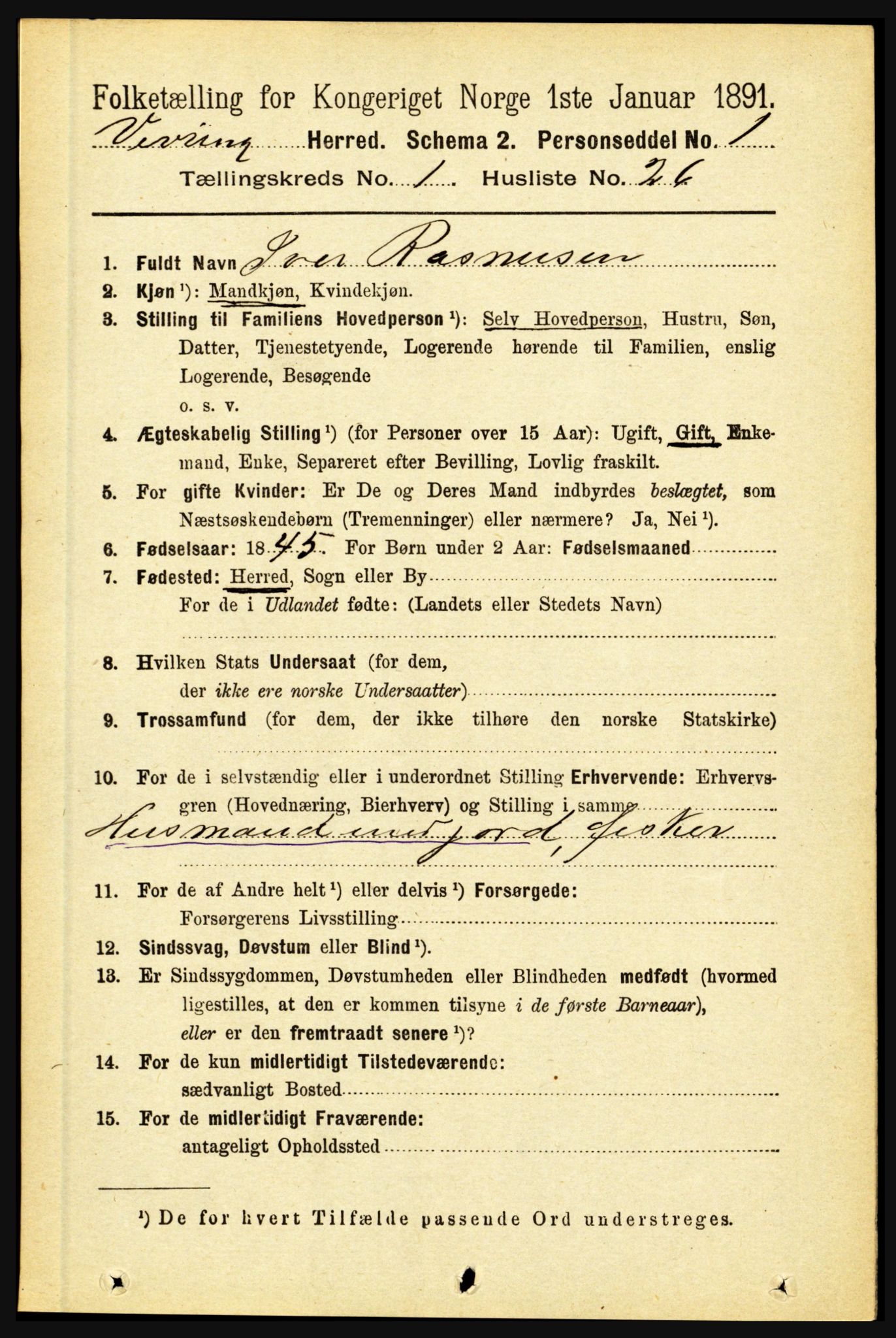 RA, 1891 census for 1434 Vevring, 1891, p. 231
