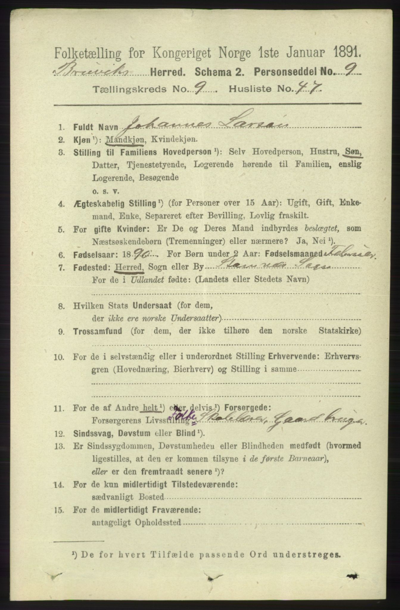 RA, 1891 census for 1251 Bruvik, 1891, p. 3587