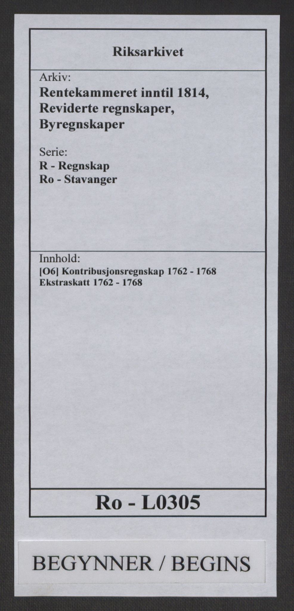 Rentekammeret inntil 1814, Reviderte regnskaper, Byregnskaper, RA/EA-4066/R/Ro/L0305/0001: [O6] Kontribusjonsregnskap / Ekstraskatt, 1762-1768, p. 1