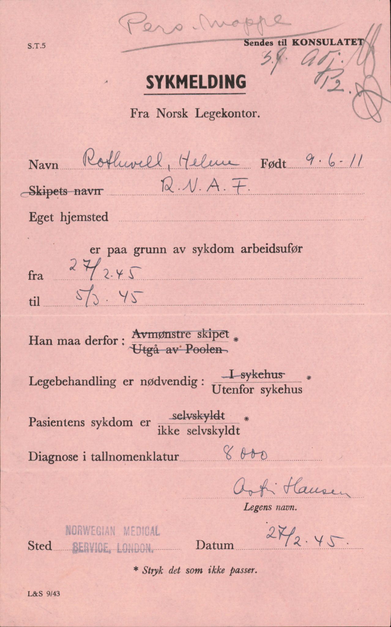 Forsvaret, Forsvarets overkommando/Luftforsvarsstaben, RA/RAFA-4079/P/Pa/L0028: Personellpapirer, 1911, p. 42
