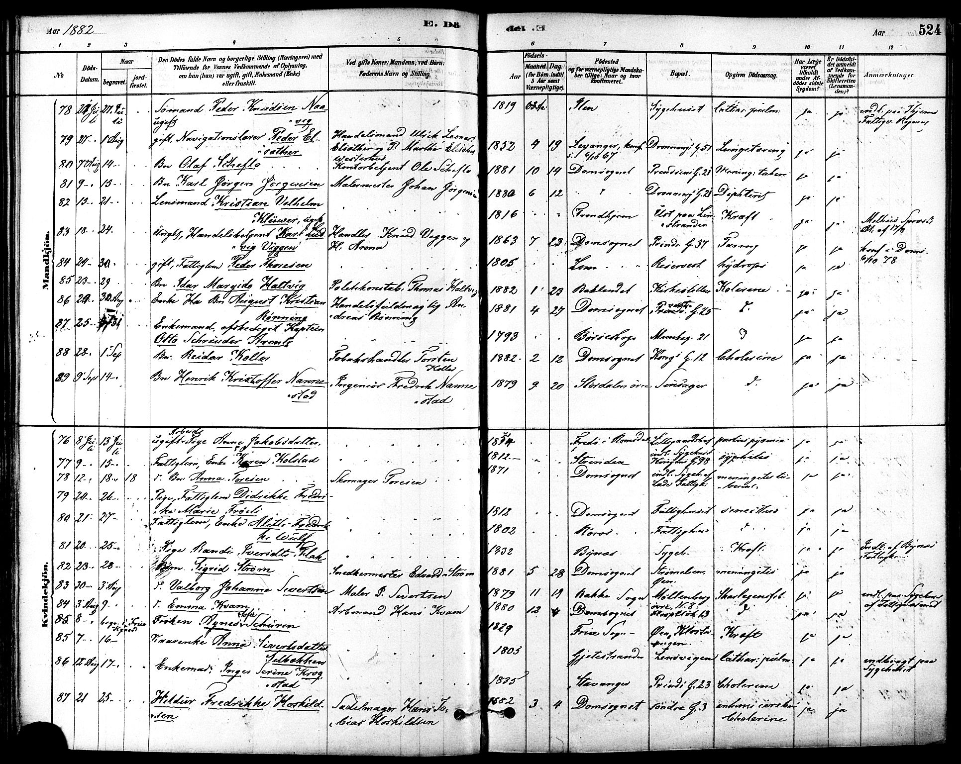 Ministerialprotokoller, klokkerbøker og fødselsregistre - Sør-Trøndelag, SAT/A-1456/601/L0058: Parish register (official) no. 601A26, 1877-1891, p. 524