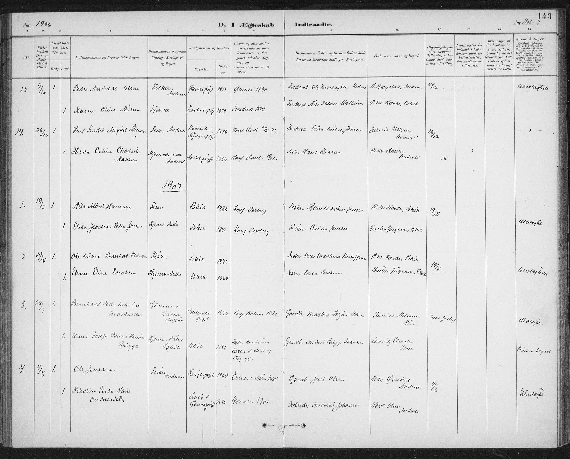 Ministerialprotokoller, klokkerbøker og fødselsregistre - Nordland, AV/SAT-A-1459/899/L1437: Parish register (official) no. 899A05, 1897-1908, p. 143