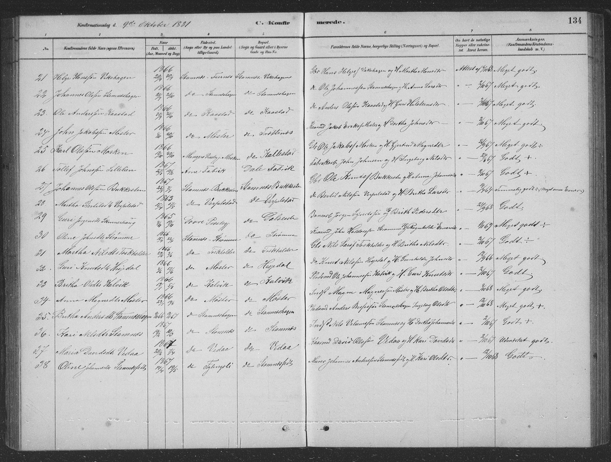 Vaksdal Sokneprestembete, SAB/A-78901/H/Hab: Parish register (copy) no. D 1, 1878-1939, p. 134