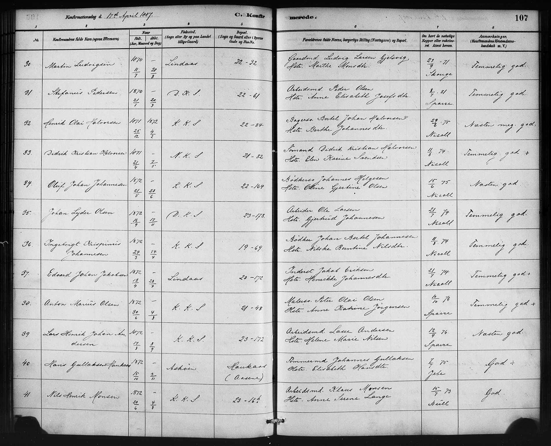 Korskirken sokneprestembete, AV/SAB-A-76101/H/Haa/L0029: Parish register (official) no. C 5, 1880-1892, p. 107