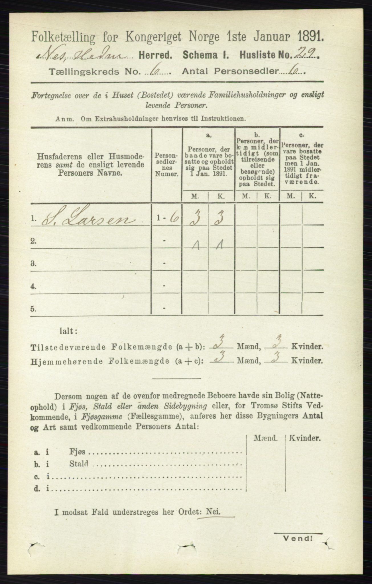 RA, 1891 census for 0411 Nes, 1891, p. 3197
