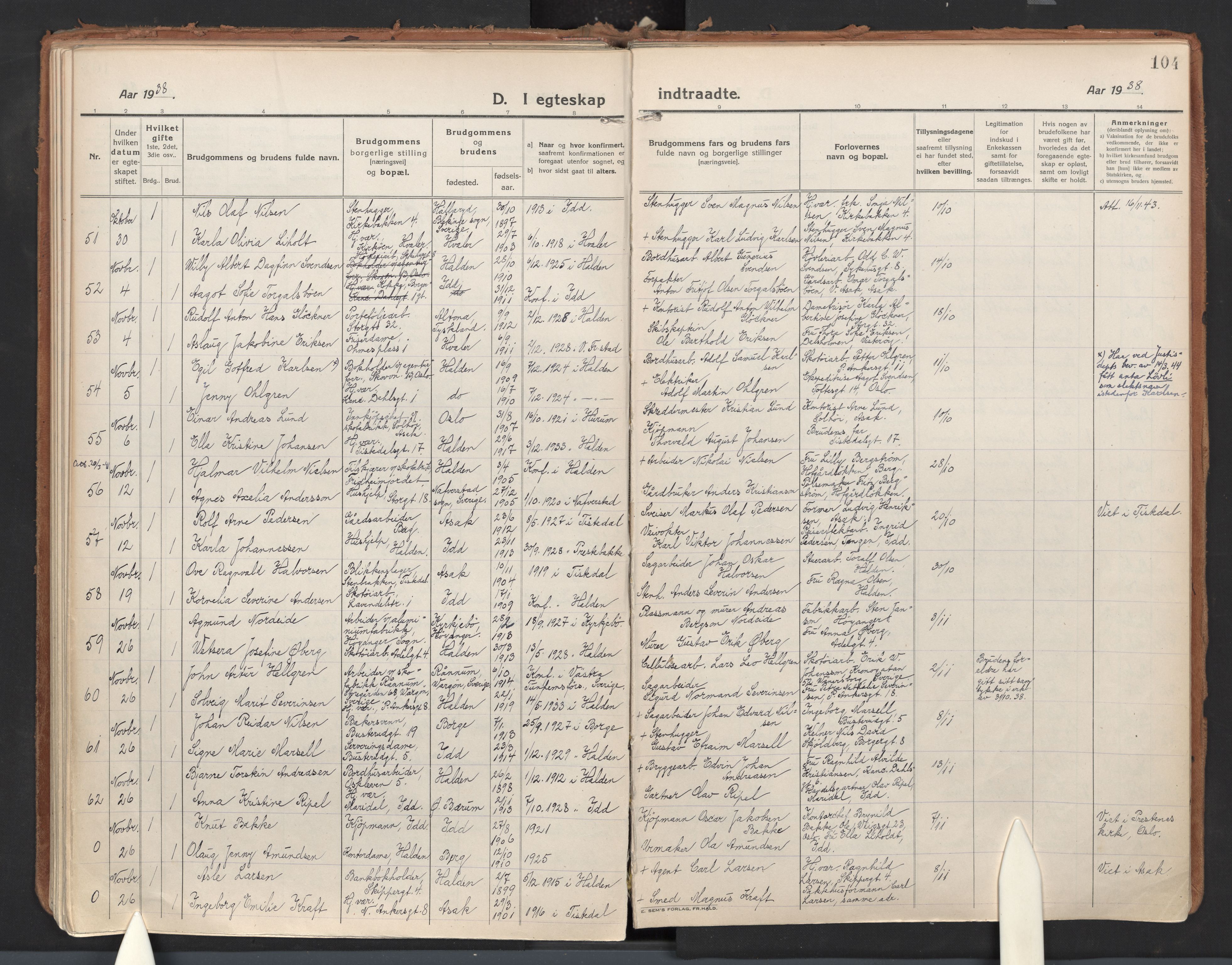 Halden prestekontor Kirkebøker, SAO/A-10909/F/Fa/L0017: Parish register (official) no. I 17, 1921-1945, p. 104