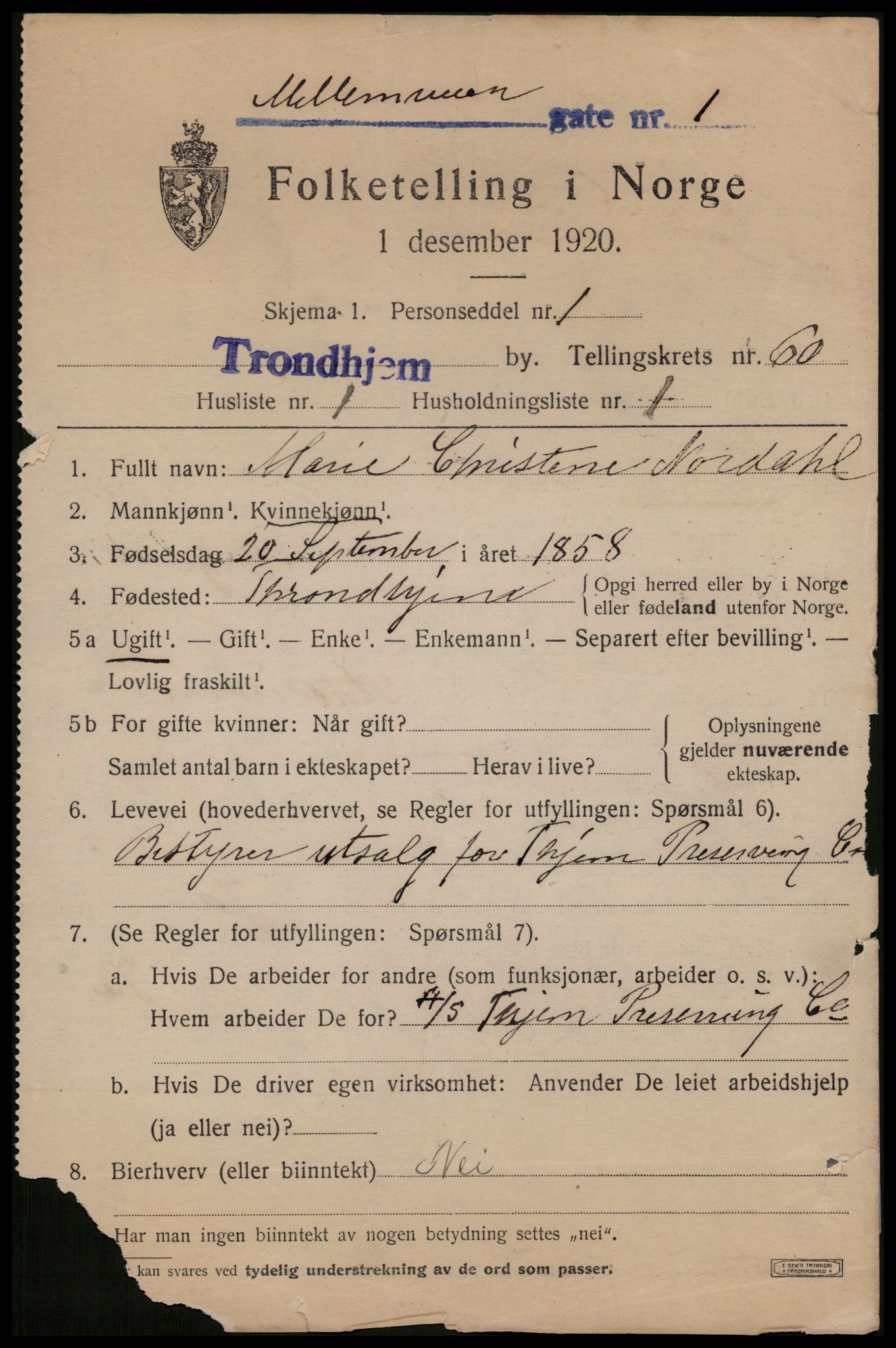 SAT, 1920 census for Trondheim, 1920, p. 120842