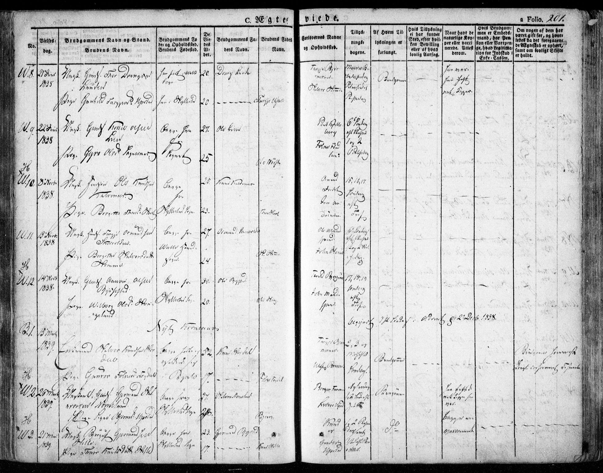 Valle sokneprestkontor, SAK/1111-0044/F/Fa/Fac/L0006: Parish register (official) no. A 6, 1831-1853, p. 201