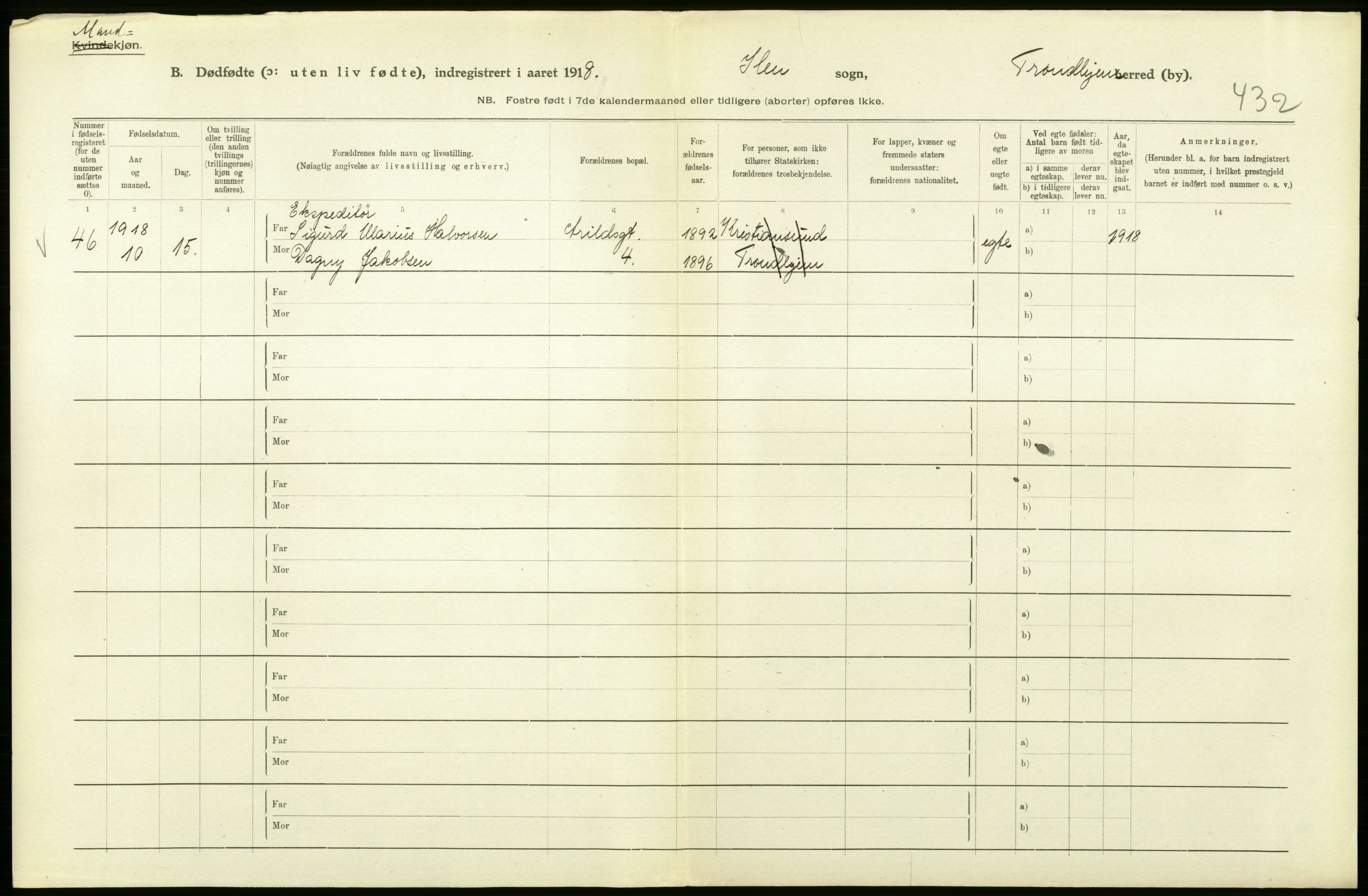 Statistisk sentralbyrå, Sosiodemografiske emner, Befolkning, AV/RA-S-2228/D/Df/Dfb/Dfbh/L0049: Trondheim: Døde, dødfødte., 1918, p. 346