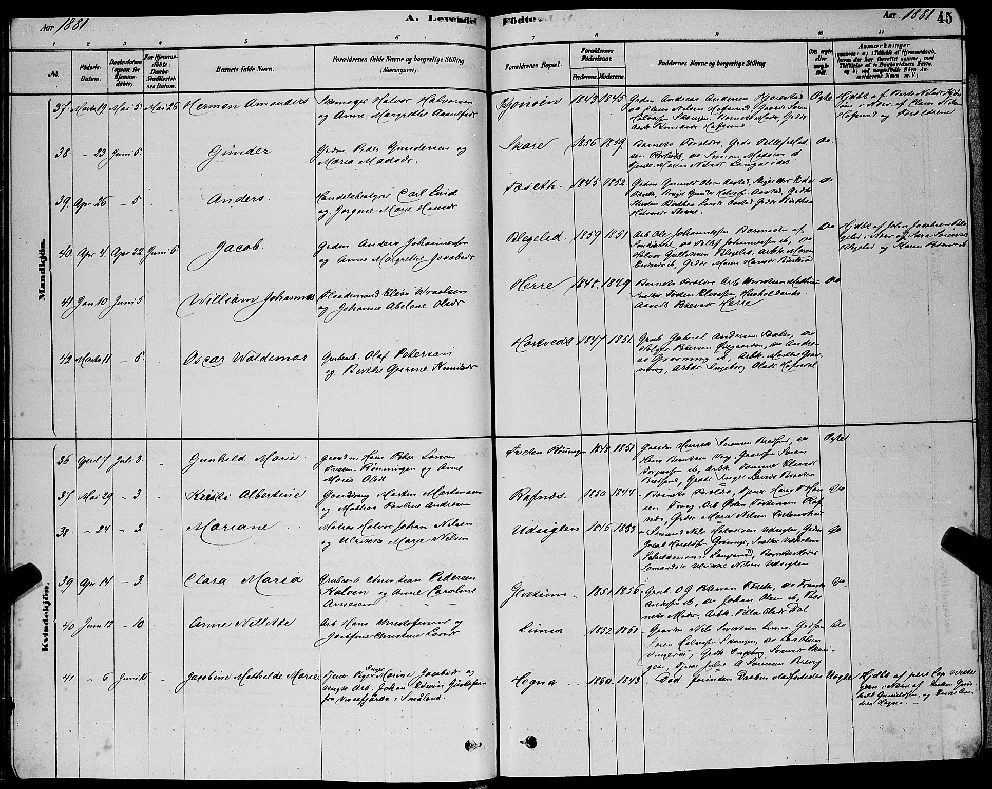 Bamble kirkebøker, AV/SAKO-A-253/G/Ga/L0008: Parish register (copy) no. I 8, 1878-1888, p. 45