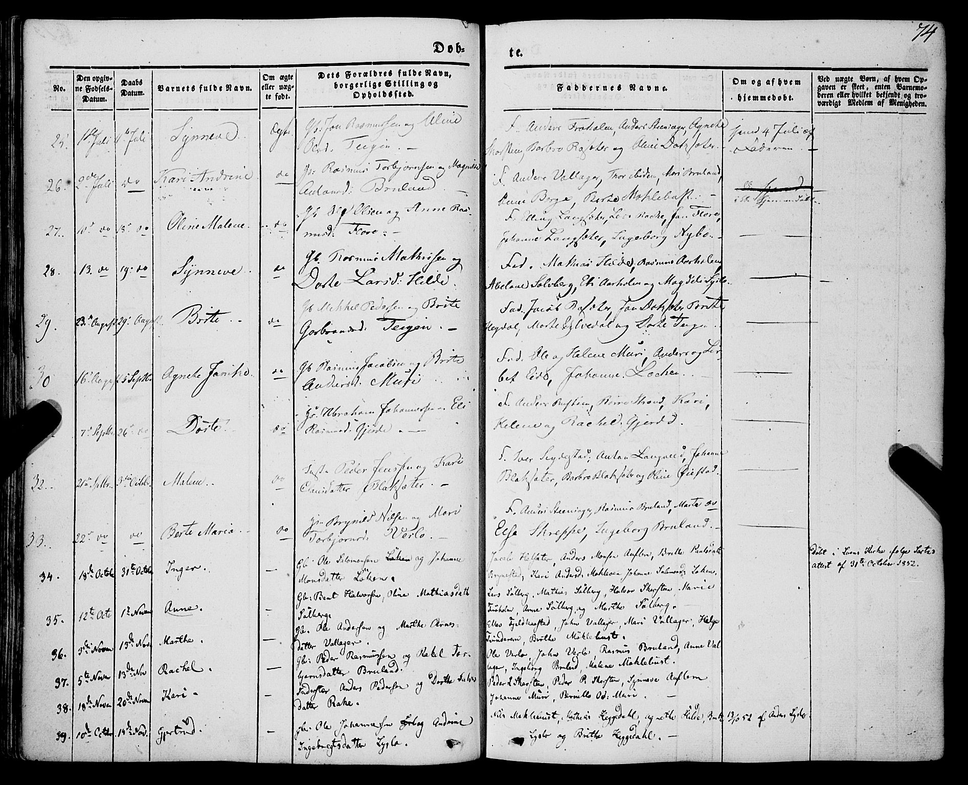 Innvik sokneprestembete, AV/SAB-A-80501: Parish register (official) no. A 5, 1847-1865, p. 74