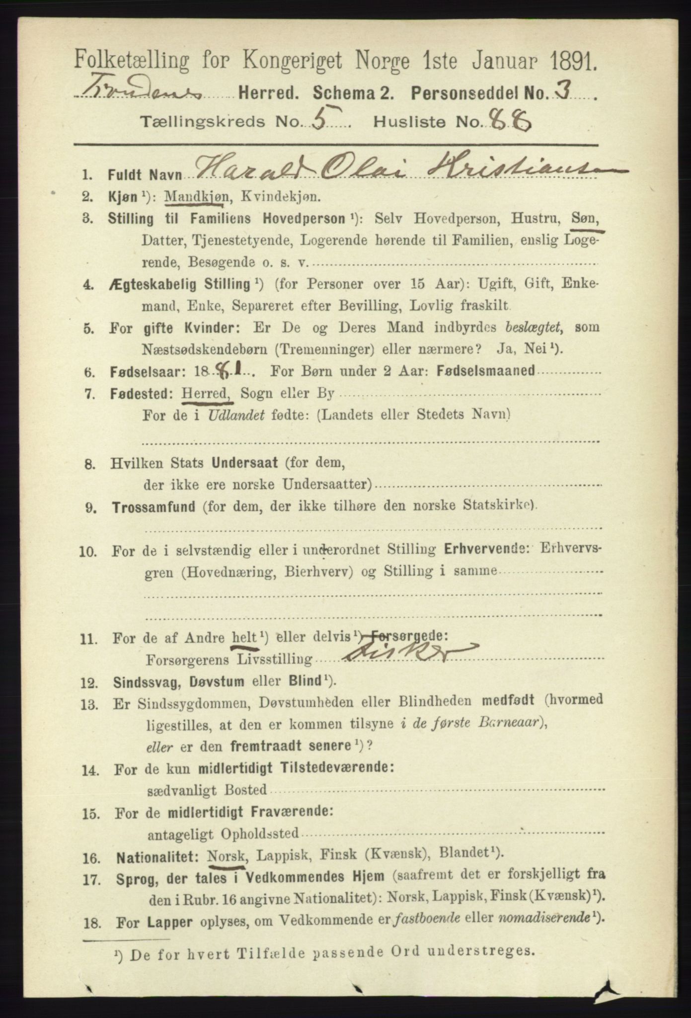 RA, 1891 census for 1914 Trondenes, 1891, p. 3484
