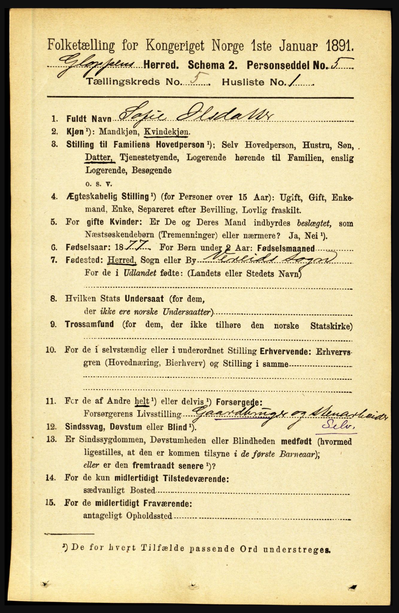 RA, 1891 census for 1445 Gloppen, 1891, p. 2064