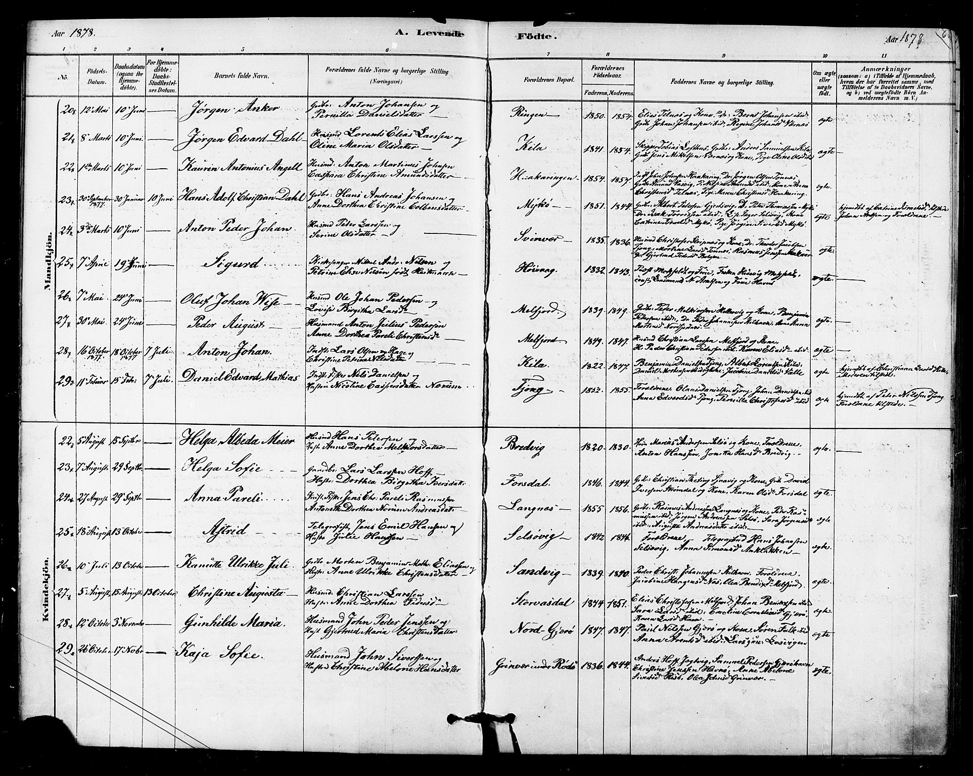 Ministerialprotokoller, klokkerbøker og fødselsregistre - Nordland, AV/SAT-A-1459/841/L0609: Parish register (official) no. 841A12, 1878-1901, p. 6