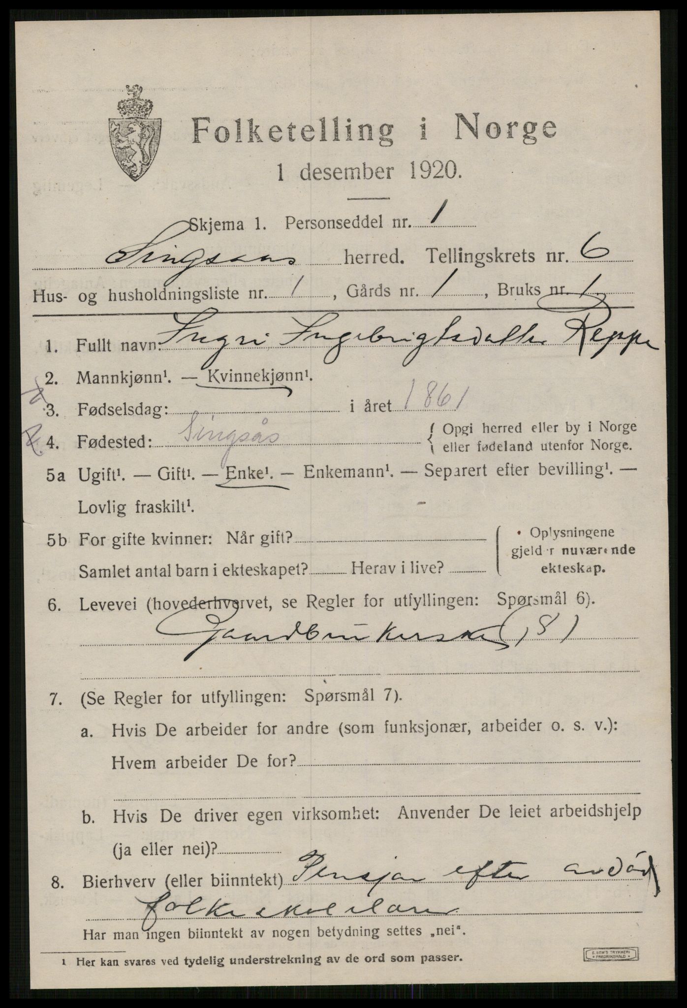 SAT, 1920 census for Singsås, 1920, p. 3349