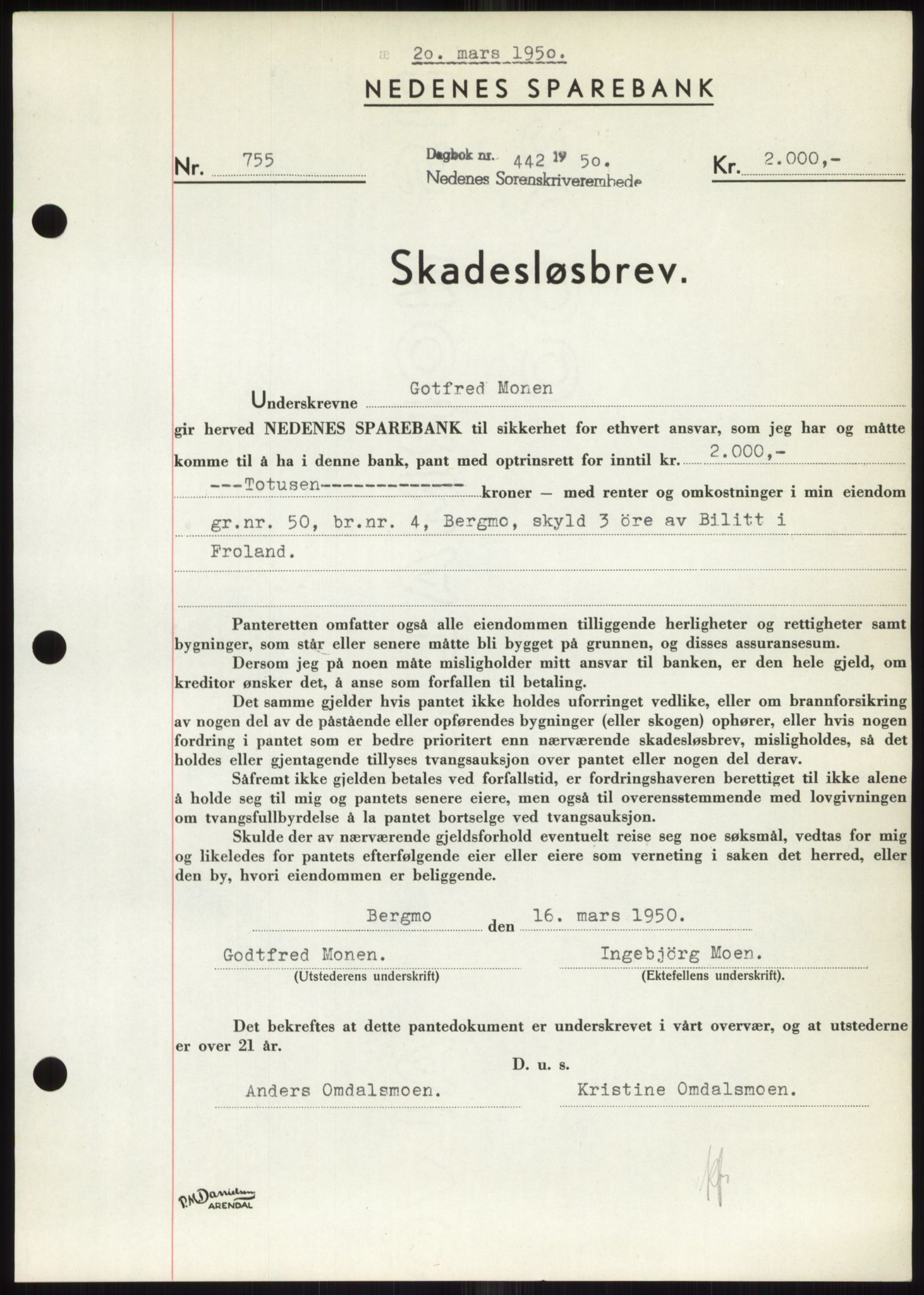 Nedenes sorenskriveri, AV/SAK-1221-0006/G/Gb/Gbb/L0007: Mortgage book no. B7, 1949-1950, Diary no: : 442/1950