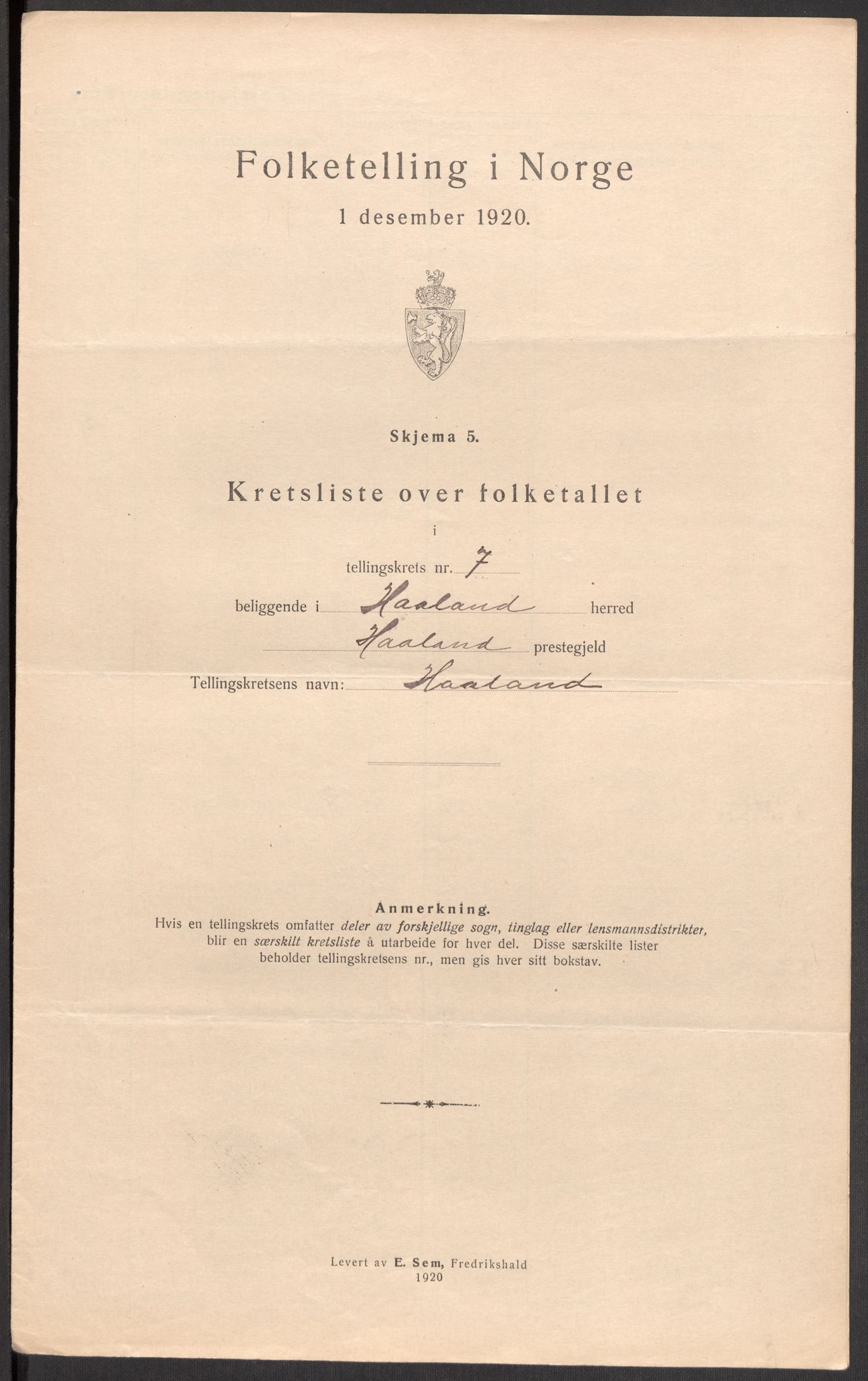 SAST, 1920 census for Håland, 1920, p. 27