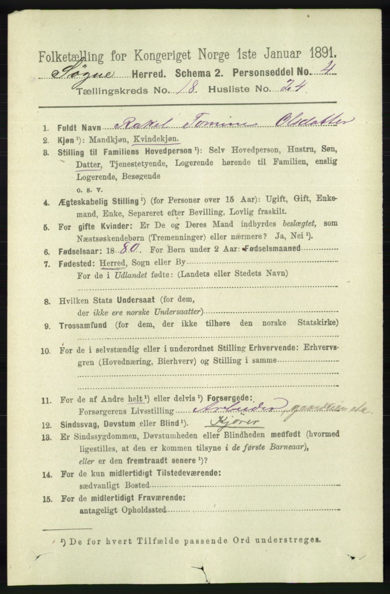 RA, 1891 census for 1018 Søgne, 1891, p. 4865