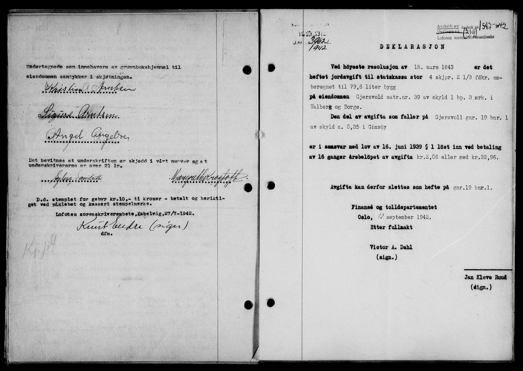 Lofoten sorenskriveri, SAT/A-0017/1/2/2C/L0010a: Mortgage book no. 10a, 1942-1943, Diary no: : 1587/1942