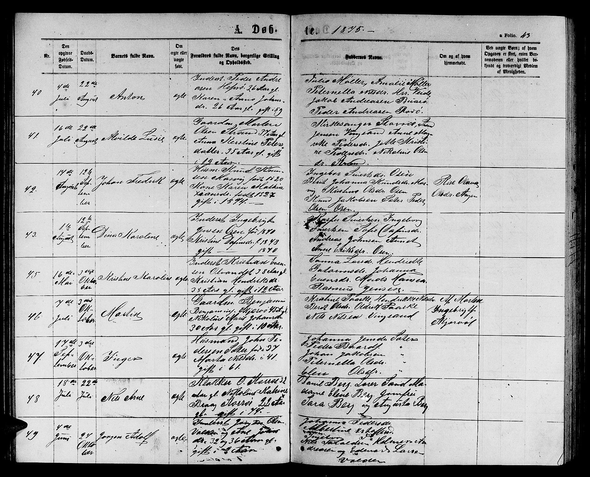 Ministerialprotokoller, klokkerbøker og fødselsregistre - Sør-Trøndelag, SAT/A-1456/658/L0725: Parish register (copy) no. 658C01, 1867-1882, p. 43