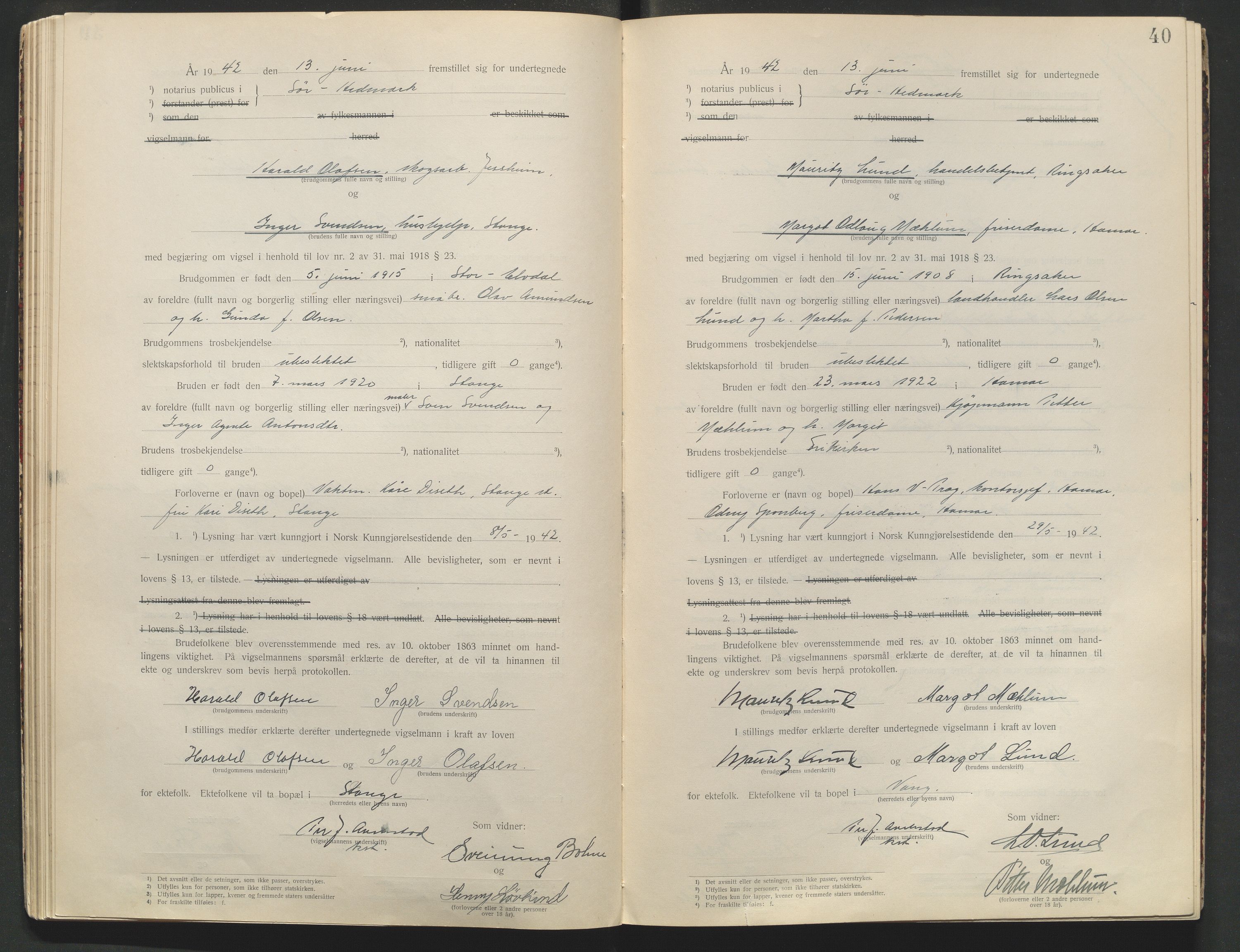 Sør-Hedmark sorenskriveri, AV/SAH-TING-014/L/Le/L0001/0002: Vigselbøker / Vigselbok, 1938-1942, p. 40