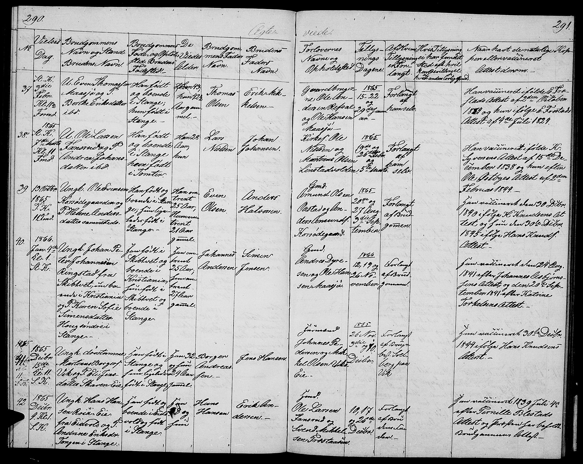 Stange prestekontor, SAH/PREST-002/L/L0004: Parish register (copy) no. 4, 1861-1869, p. 290-291