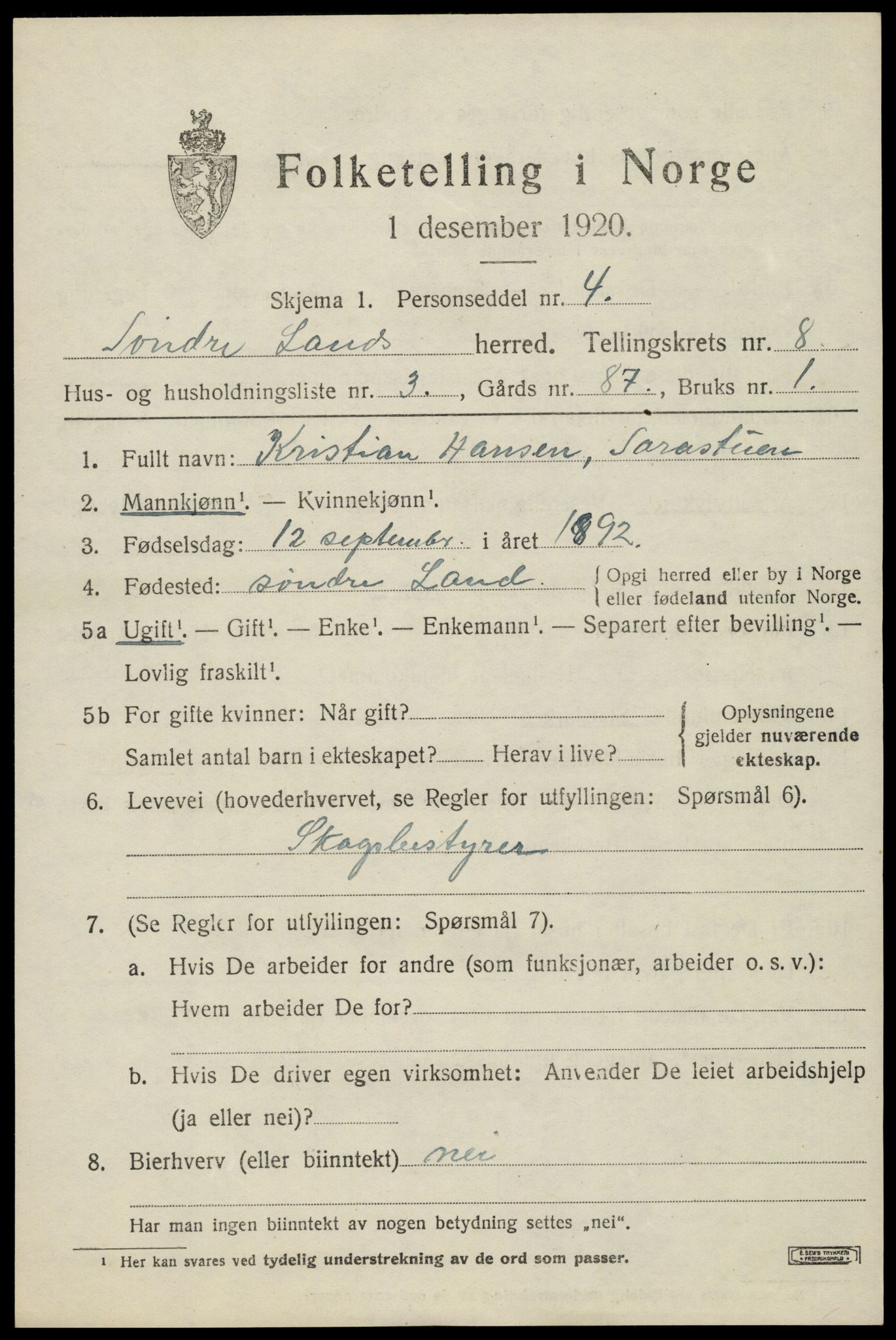 SAH, 1920 census for Søndre Land, 1920, p. 7621