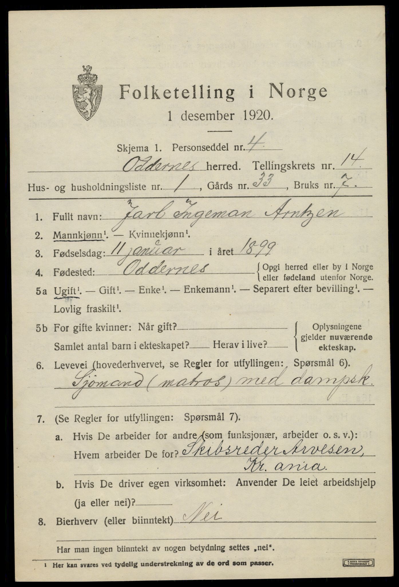 SAK, 1920 census for Oddernes, 1920, p. 8407